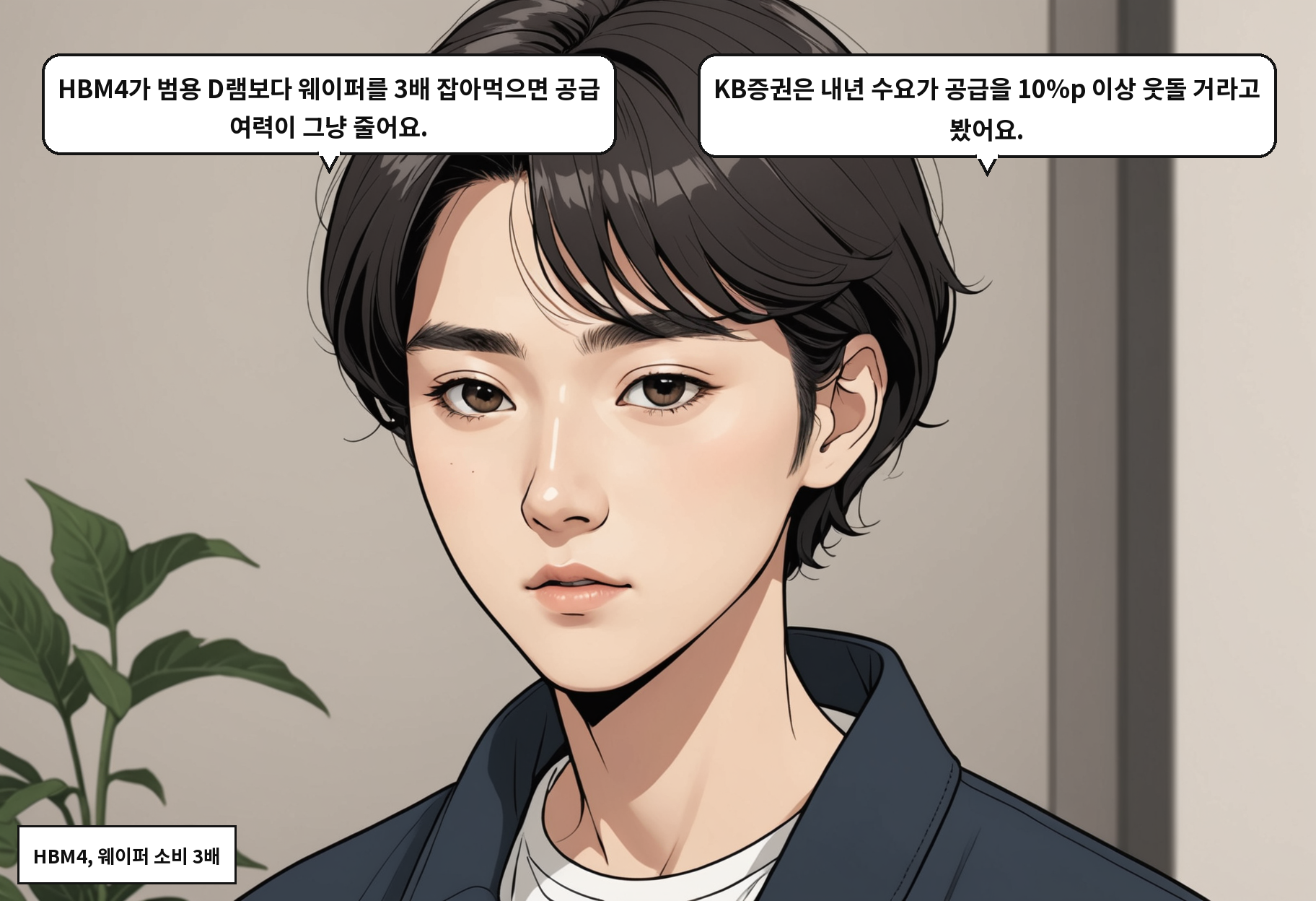 B: HBM4가 범용 D램보다 웨이퍼를 3배 잡아먹으면 공급 여력이 그냥 줄어요. A: KB증권은 내년 수요가 공급을 10%p 이상 웃돌 거라고 봤어요.