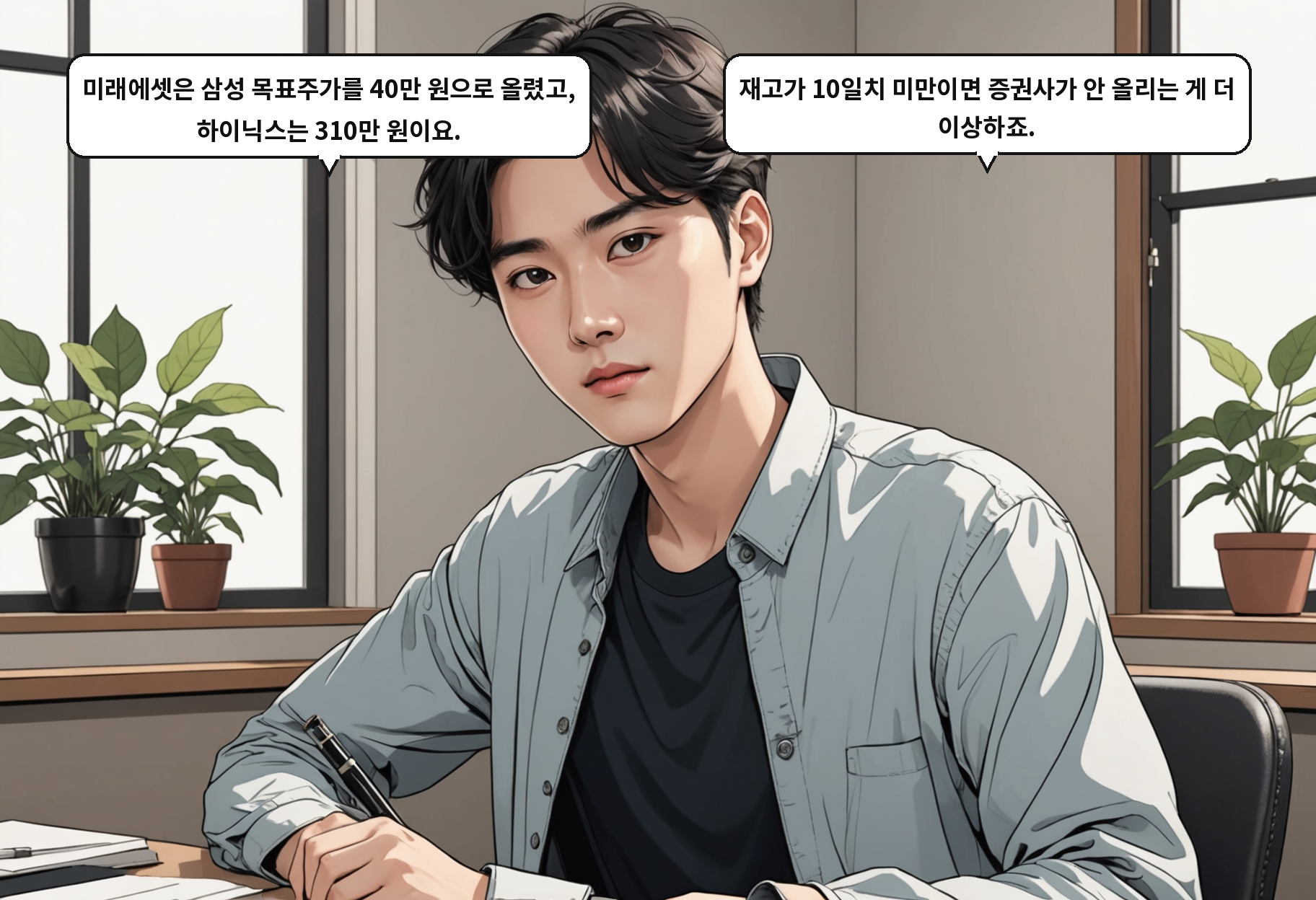 A: 미래에셋은 삼성 목표주가를 40만 원으로 올렸고, 하이닉스는 310만 원이요. B: 재고가 10일치 미만이면 증권사가 안 올리는 게 더 이상하죠.