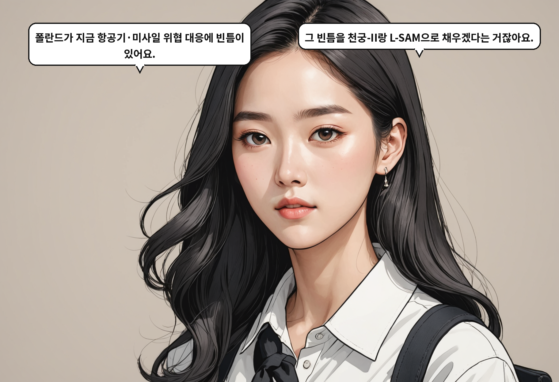 B: 폴란드가 지금 항공기·미사일 위협 대응에 빈틈이 있어요. A: 그 빈틈을 천궁-II랑 L-SAM으로 채우겠다는 거잖아요.