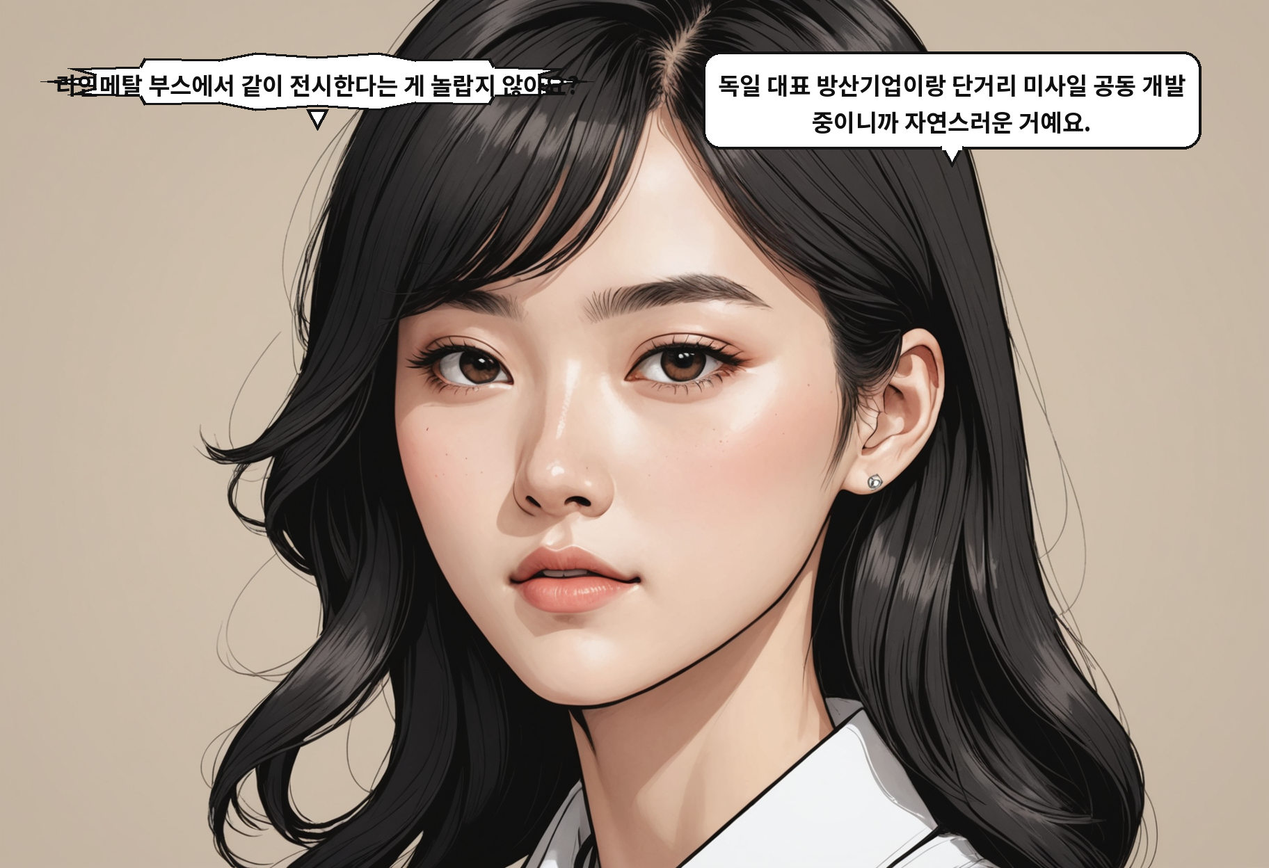A: 라인메탈 부스에서 같이 전시한다는 게 놀랍지 않아요? B: 독일 대표 방산기업이랑 단거리 미사일 공동 개발 중이니까 자연스러운 거예요.