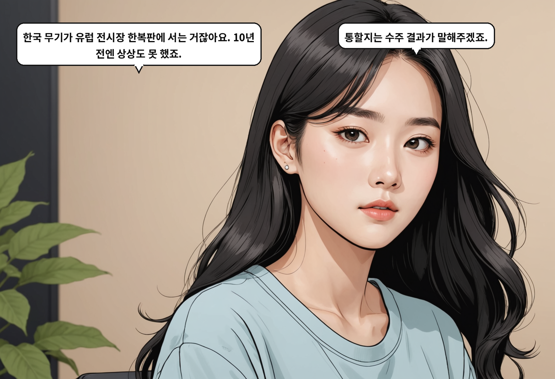 B: 한국 무기가 유럽 전시장 한복판에 서는 거잖아요. 10년 전엔 상상도 못 했죠. A: 통할지는 수주 결과가 말해주겠죠.
