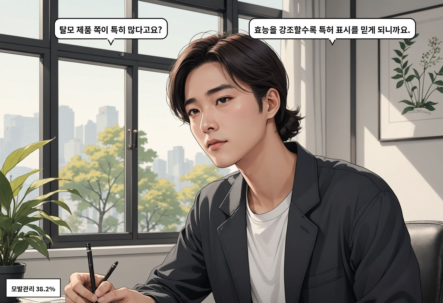 A: 탈모 제품 쪽이 특히 많다고요? B: 효능을 강조할수록 특허 표시를 믿게 되니까요.