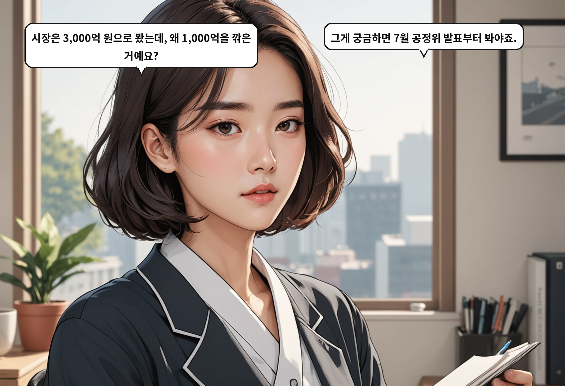 A: 시장은 3,000억 원으로 봤는데, 왜 1,000억을 깎은 거예요? B: 그게 궁금하면 7월 공정위 발표부터 봐야죠.