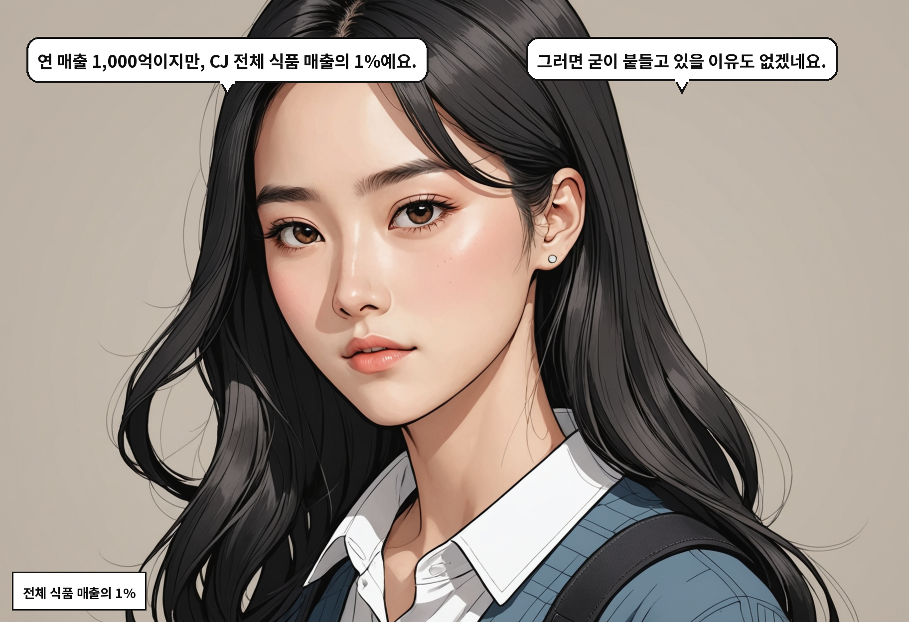B: 연 매출 1,000억이지만, CJ 전체 식품 매출의 1%예요. A: 그러면 굳이 붙들고 있을 이유도 없겠네요.