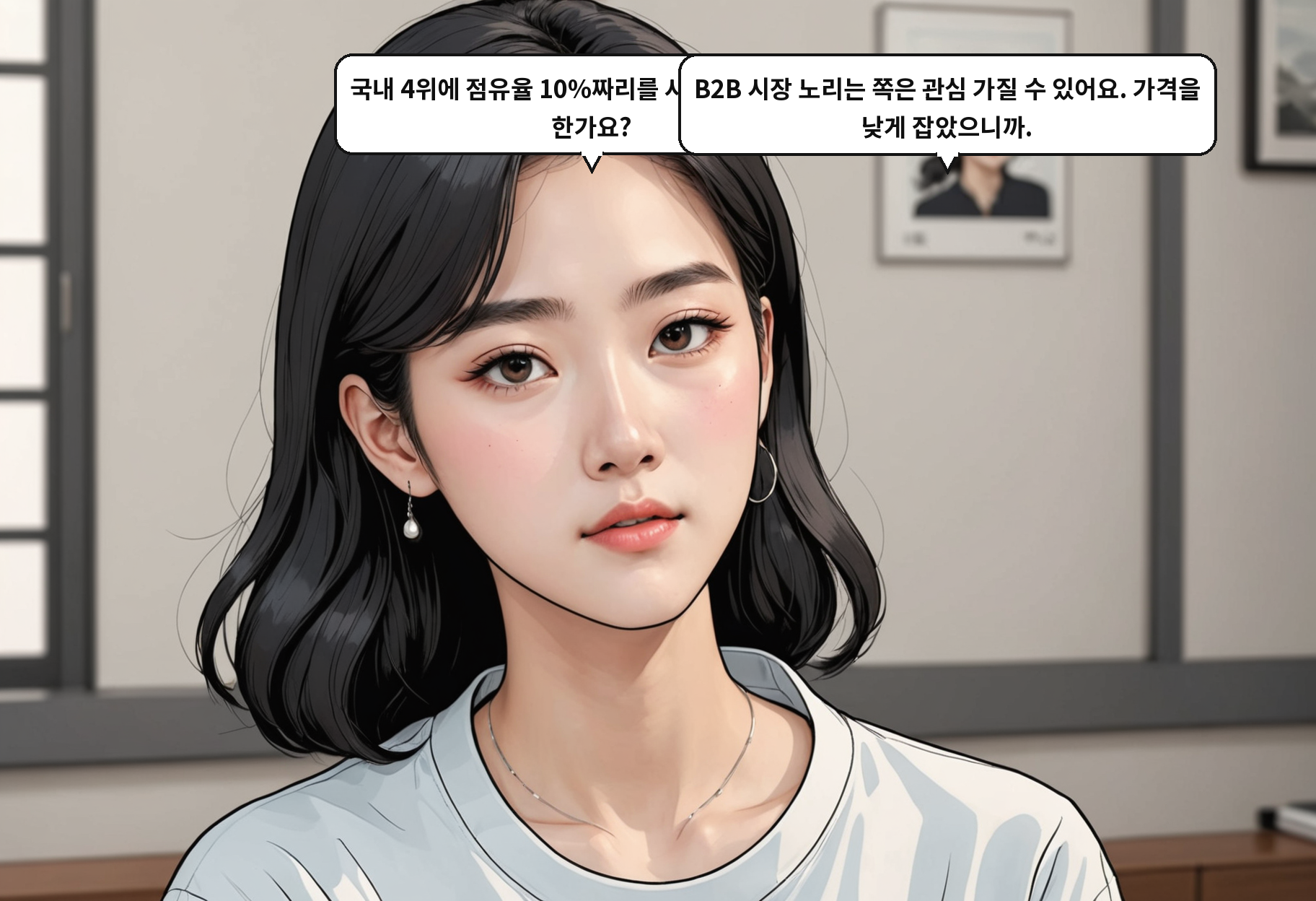 A: 국내 4위에 점유율 10%짜리를 사려는 FI가 있긴 한가요? B: B2B 시장 노리는 쪽은 관심 가질 수 있어요. 가격을 낮게 잡았으니까.