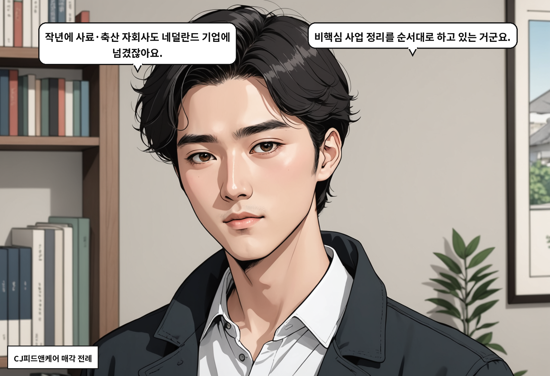 B: 작년에 사료·축산 자회사도 네덜란드 기업에 넘겼잖아요. A: 비핵심 사업 정리를 순서대로 하고 있는 거군요.