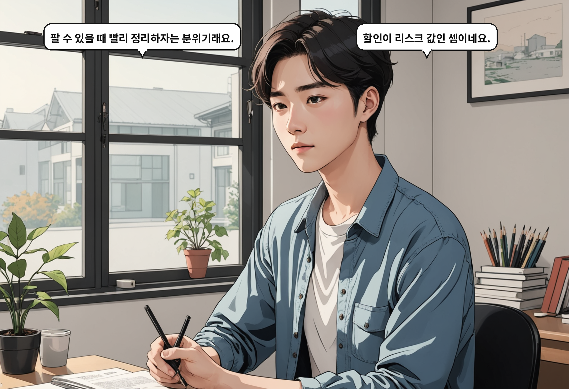 B: 팔 수 있을 때 빨리 정리하자는 분위기래요. A: 할인이 리스크 값인 셈이네요.