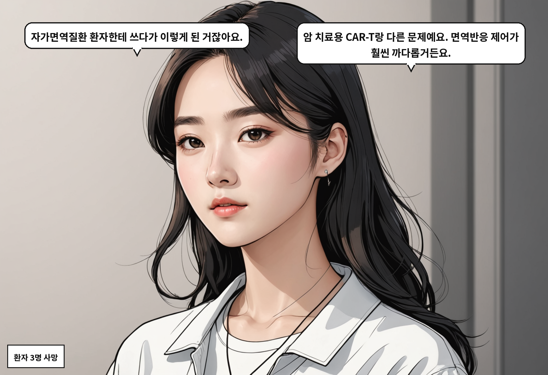 A: 자가면역질환 환자한테 쓰다가 이렇게 된 거잖아요. B: 암 치료용 CAR-T랑 다른 문제예요. 면역반응 제어가 훨씬 까다롭거든요.