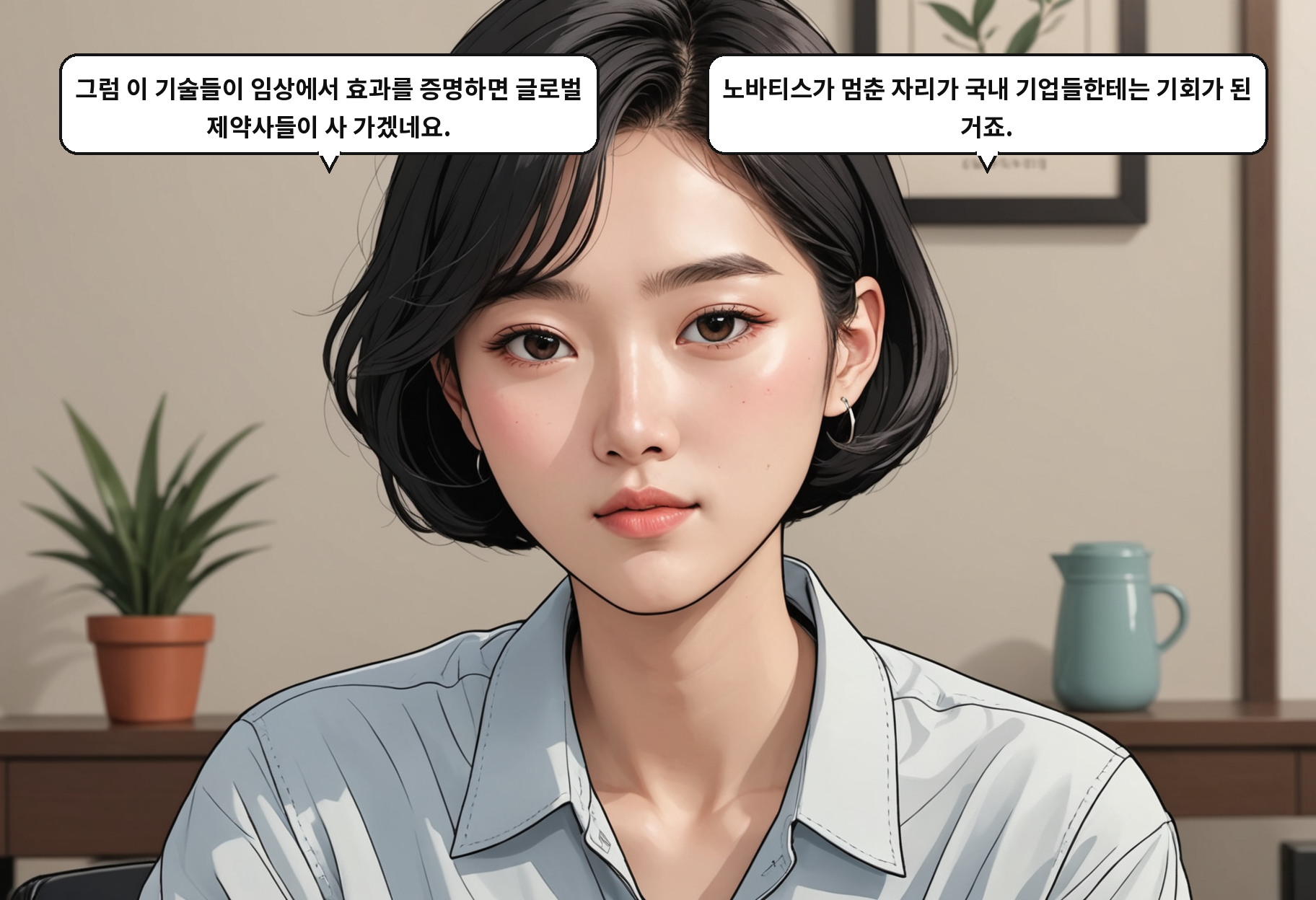 A: 그럼 이 기술들이 임상에서 효과를 증명하면 글로벌 제약사들이 사 가겠네요. B: 노바티스가 멈춘 자리가 국내 기업들한테는 기회가 된 거죠.