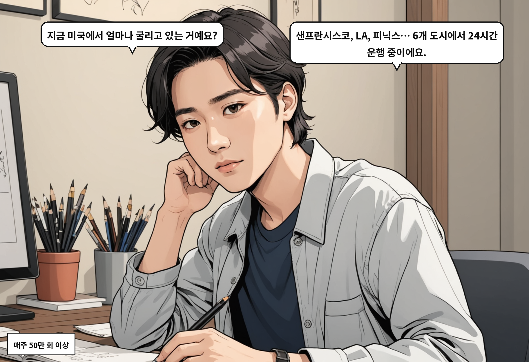 A: 지금 미국에서 얼마나 굴리고 있는 거예요? B: 샌프란시스코, LA, 피닉스… 6개 도시에서 24시간 운행 중이에요.