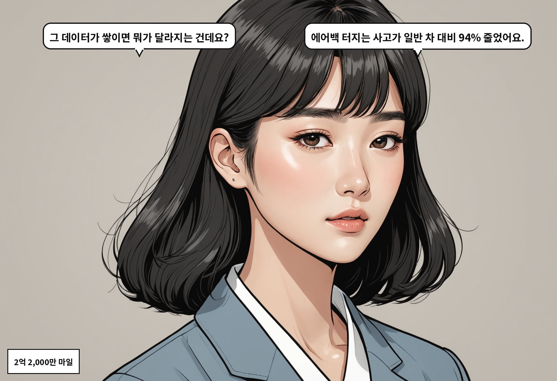 A: 그 데이터가 쌓이면 뭐가 달라지는 건데요? B: 에어백 터지는 사고가 일반 차 대비 94% 줄었어요.