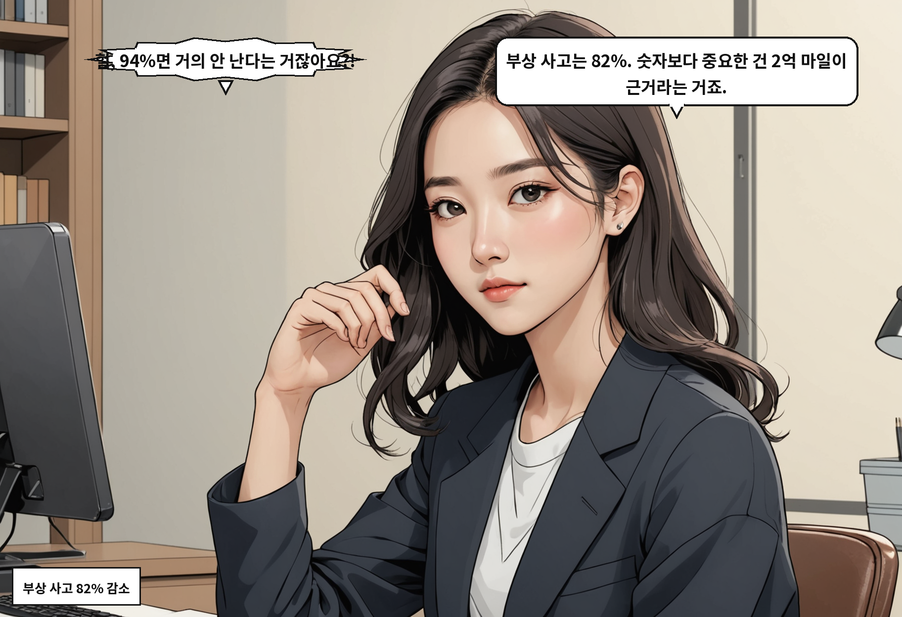 A: 헐, 94%면 거의 안 난다는 거잖아요?! B: 부상 사고는 82%. 숫자보다 중요한 건 2억 마일이 근거라는 거죠.