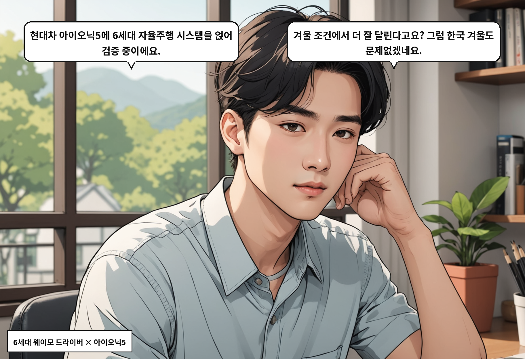 B: 현대차 아이오닉5에 6세대 자율주행 시스템을 얹어 검증 중이에요. A: 겨울 조건에서 더 잘 달린다고요? 그럼 한국 겨울도 문제없겠네요.