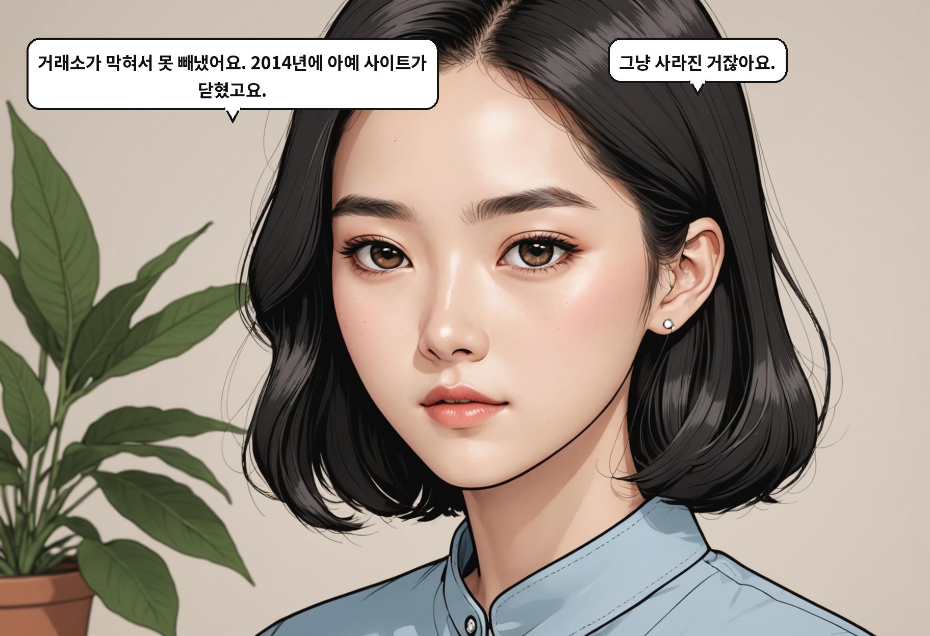 A: 거래소가 막혀서 못 빼냈어요. 2014년에 아예 사이트가 닫혔고요. B: 그냥 사라진 거잖아요.