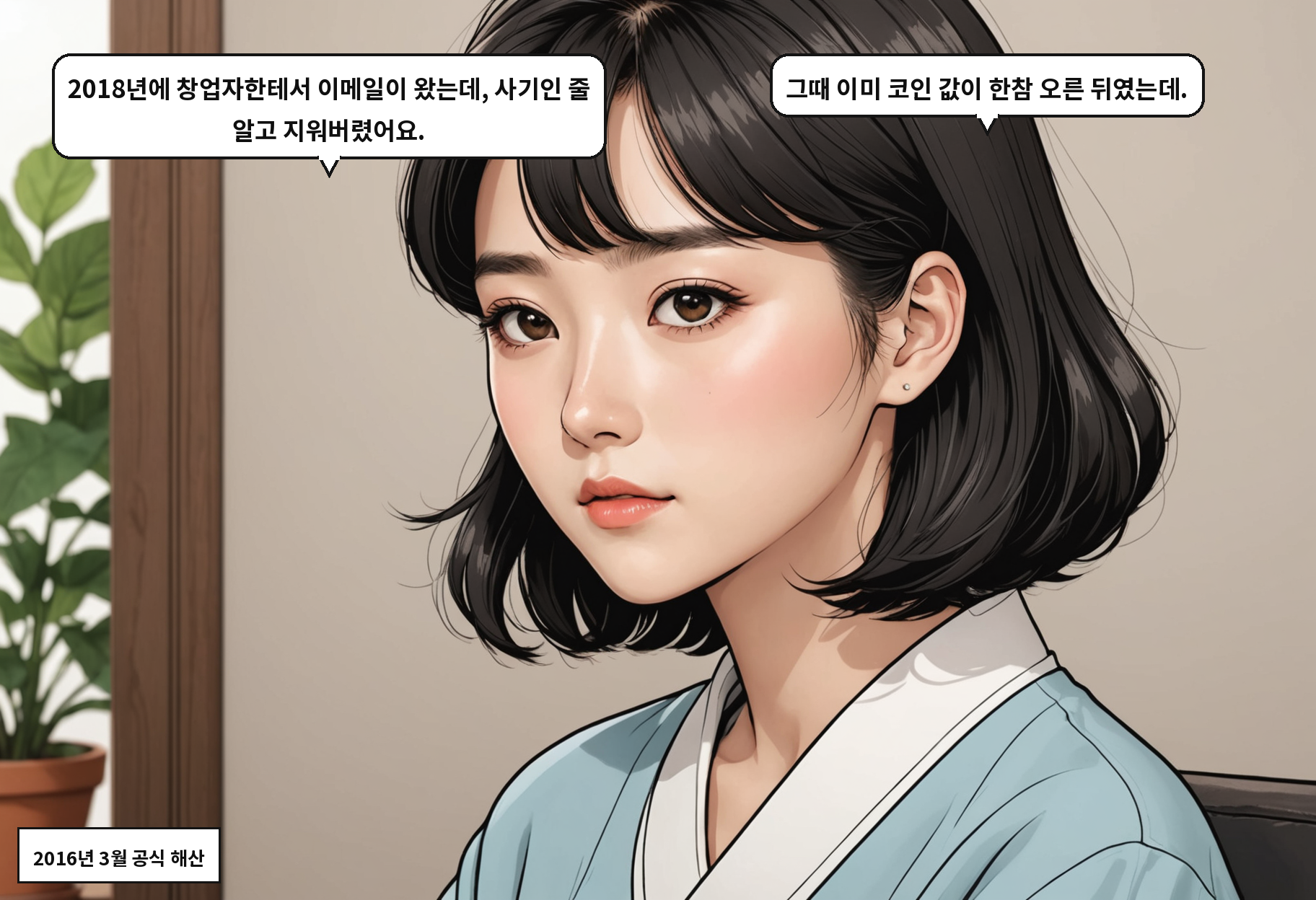 A: 2018년에 창업자한테서 이메일이 왔는데, 사기인 줄 알고 지워버렸어요. B: 그때 이미 코인 값이 한참 오른 뒤였는데.