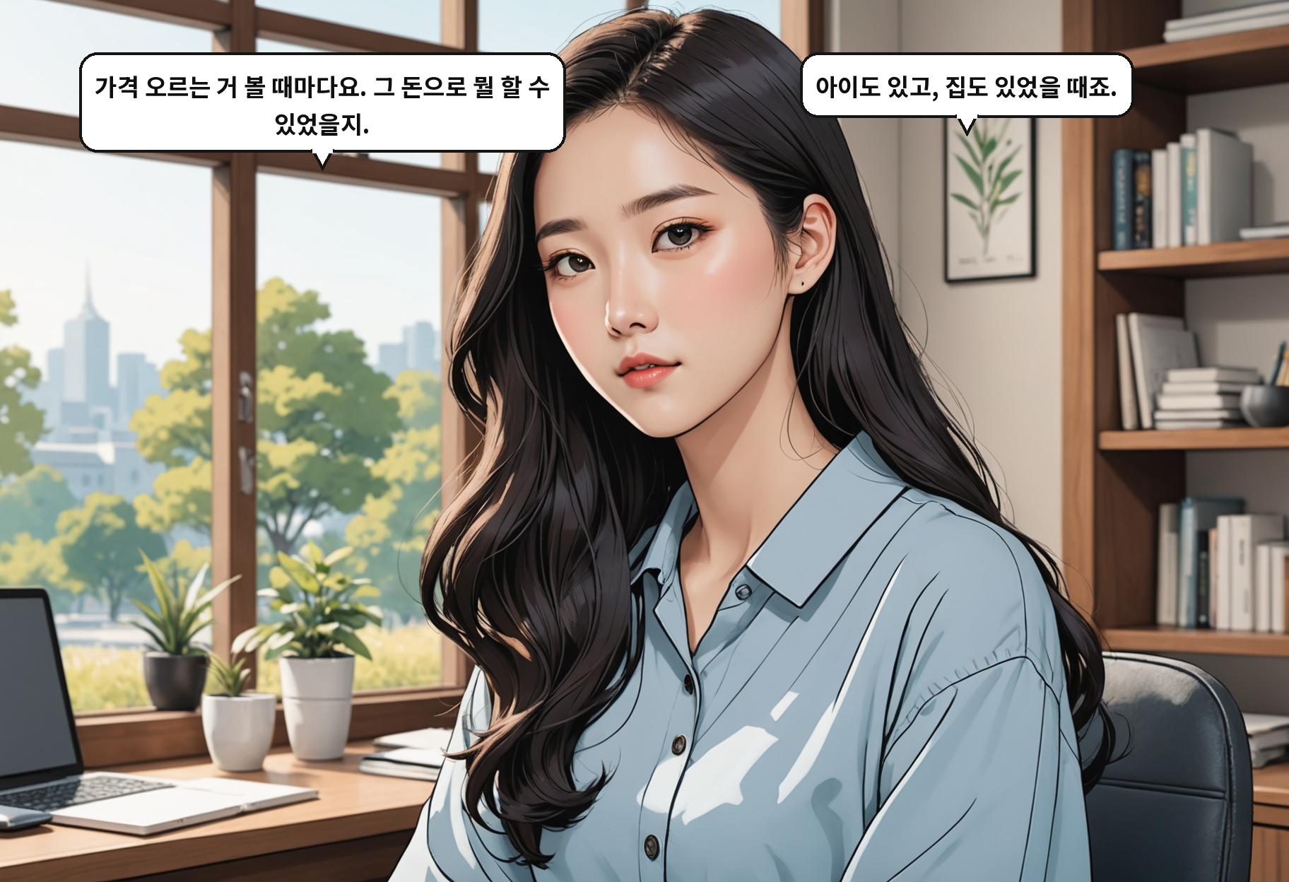 A: 가격 오르는 거 볼 때마다요. 그 돈으로 뭘 할 수 있었을지. B: 아이도 있고, 집도 있었을 때죠.