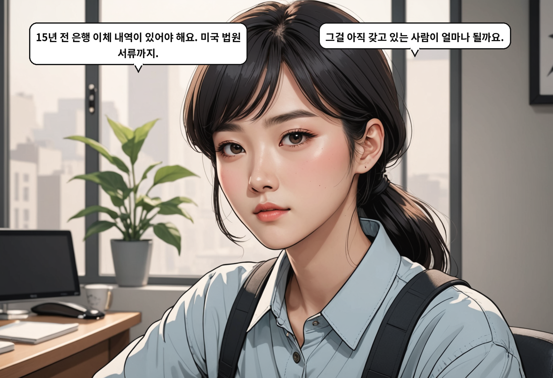 B: 15년 전 은행 이체 내역이 있어야 해요. 미국 법원 서류까지. A: 그걸 아직 갖고 있는 사람이 얼마나 될까요.