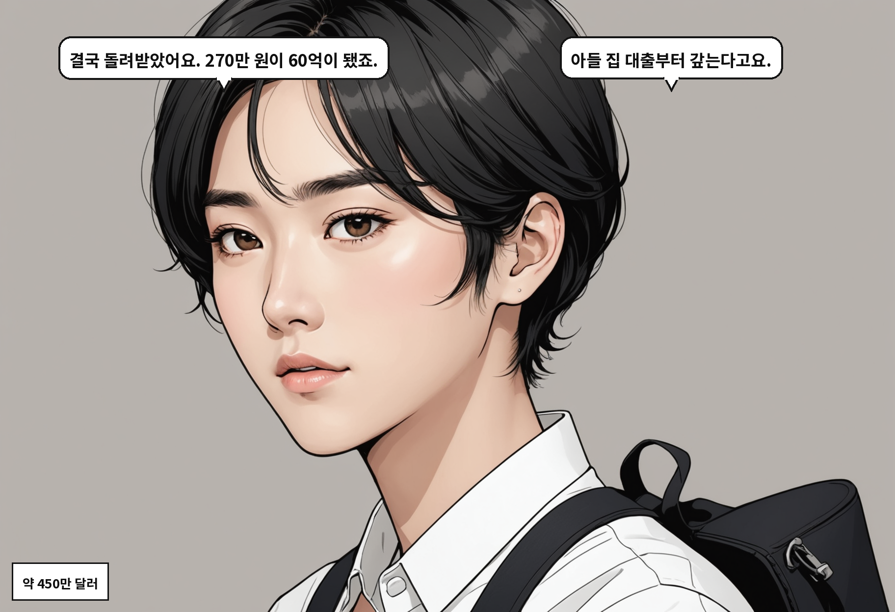 B: 결국 돌려받았어요. 270만 원이 60억이 됐죠. A: 아들 집 대출부터 갚는다고요.
