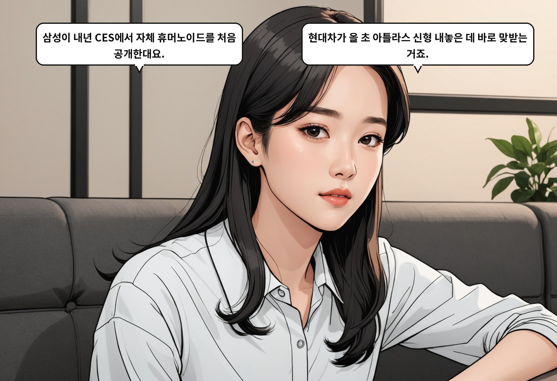 A: 삼성이 내년 CES에서 자체 휴머노이드를 처음 공개한대요. B: 현대차가 올 초 아틀라스 신형 내놓은 데 바로 맞받는 거죠.