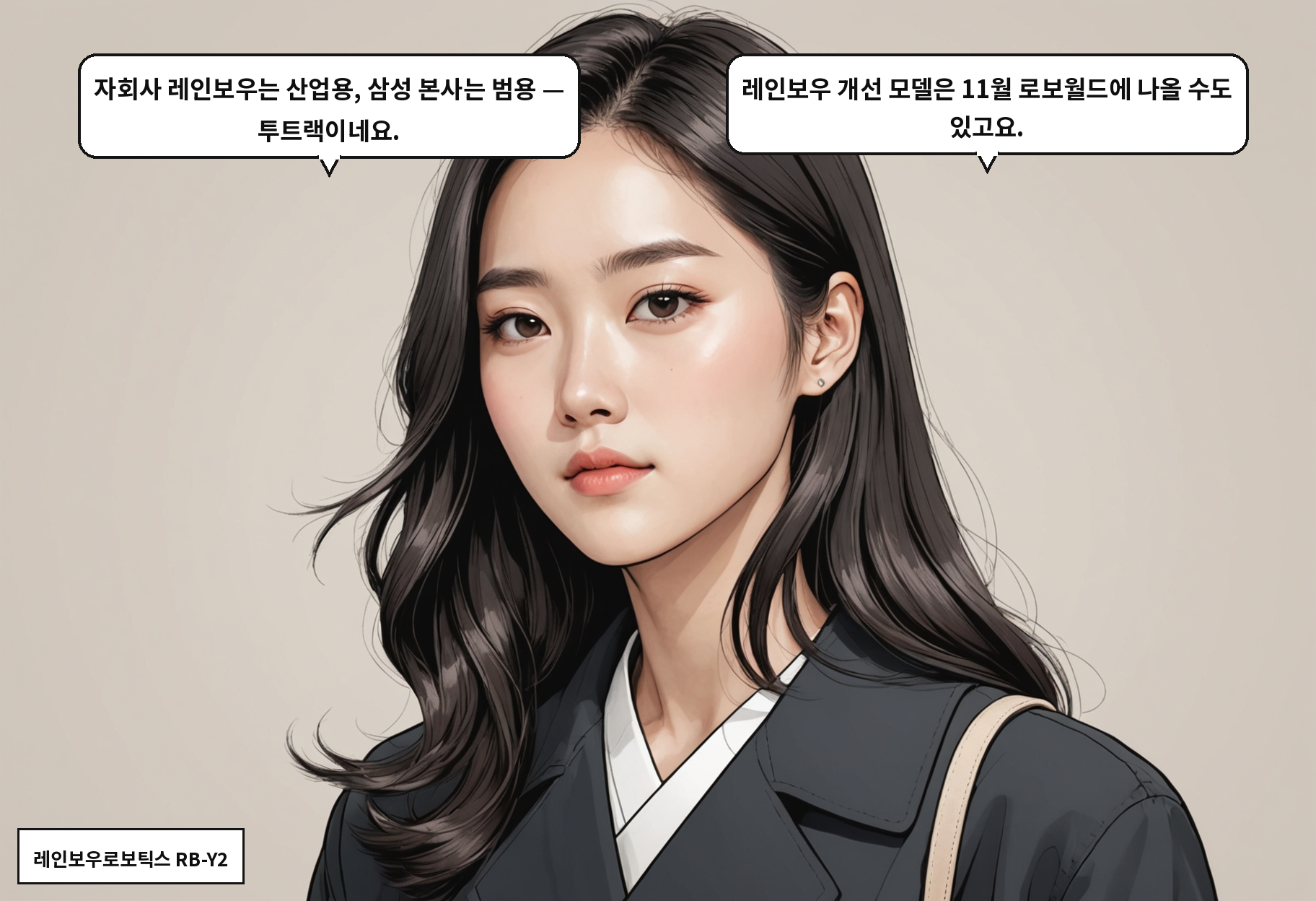 A: 자회사 레인보우는 산업용, 삼성 본사는 범용 — 투트랙이네요. B: 레인보우 개선 모델은 11월 로보월드에 나올 수도 있고요.