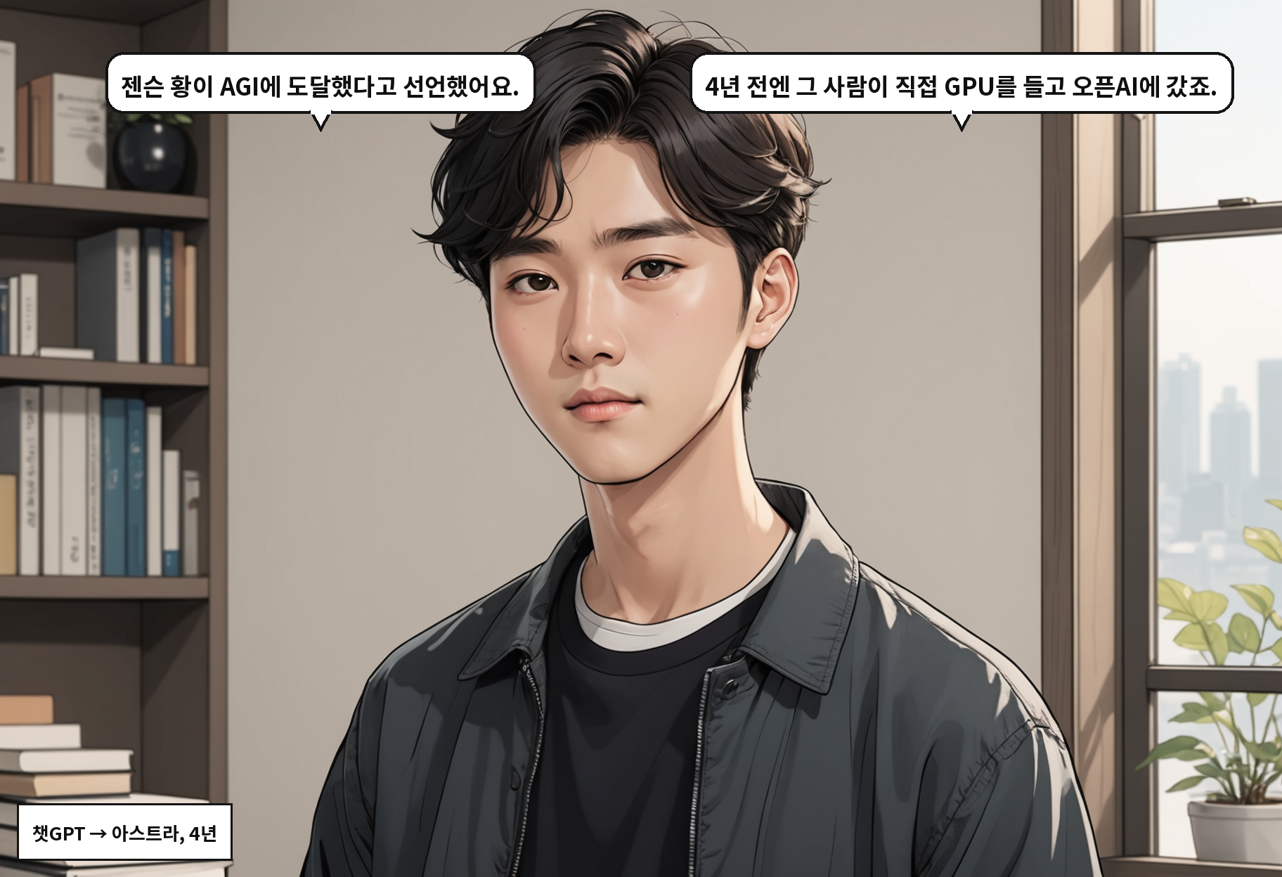 A: 젠슨 황이 AGI에 도달했다고 선언했어요. B: 4년 전엔 그 사람이 직접 GPU를 들고 오픈AI에 갔죠.