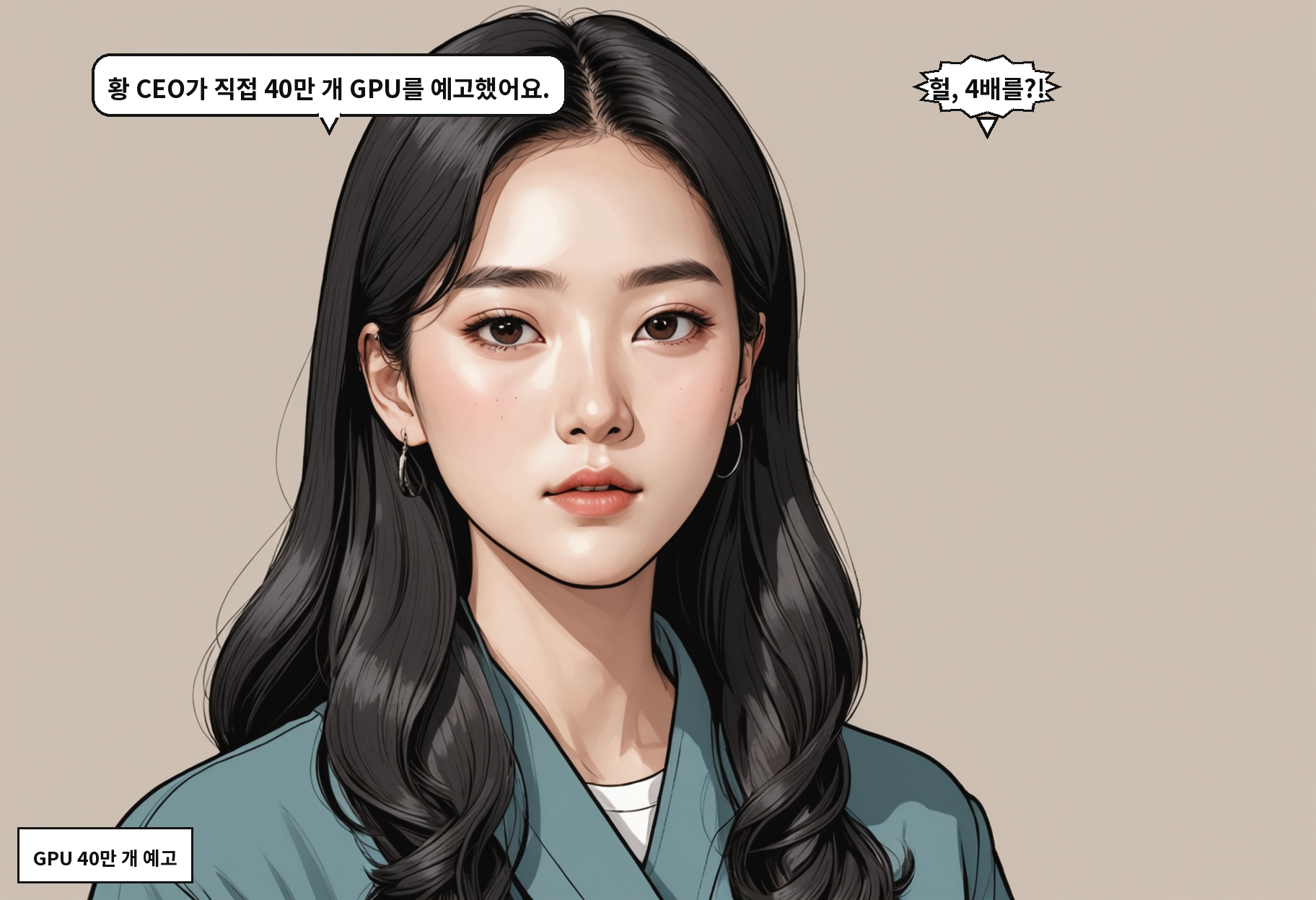 B: 황 CEO가 직접 40만 개 GPU를 예고했어요. A: 헐, 4배를?!