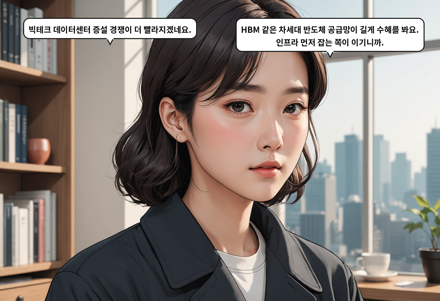A: 빅테크 데이터센터 증설 경쟁이 더 빨라지겠네요. B: HBM 같은 차세대 반도체 공급망이 길게 수혜를 봐요. 인프라 먼저 잡는 쪽이 이기니까.