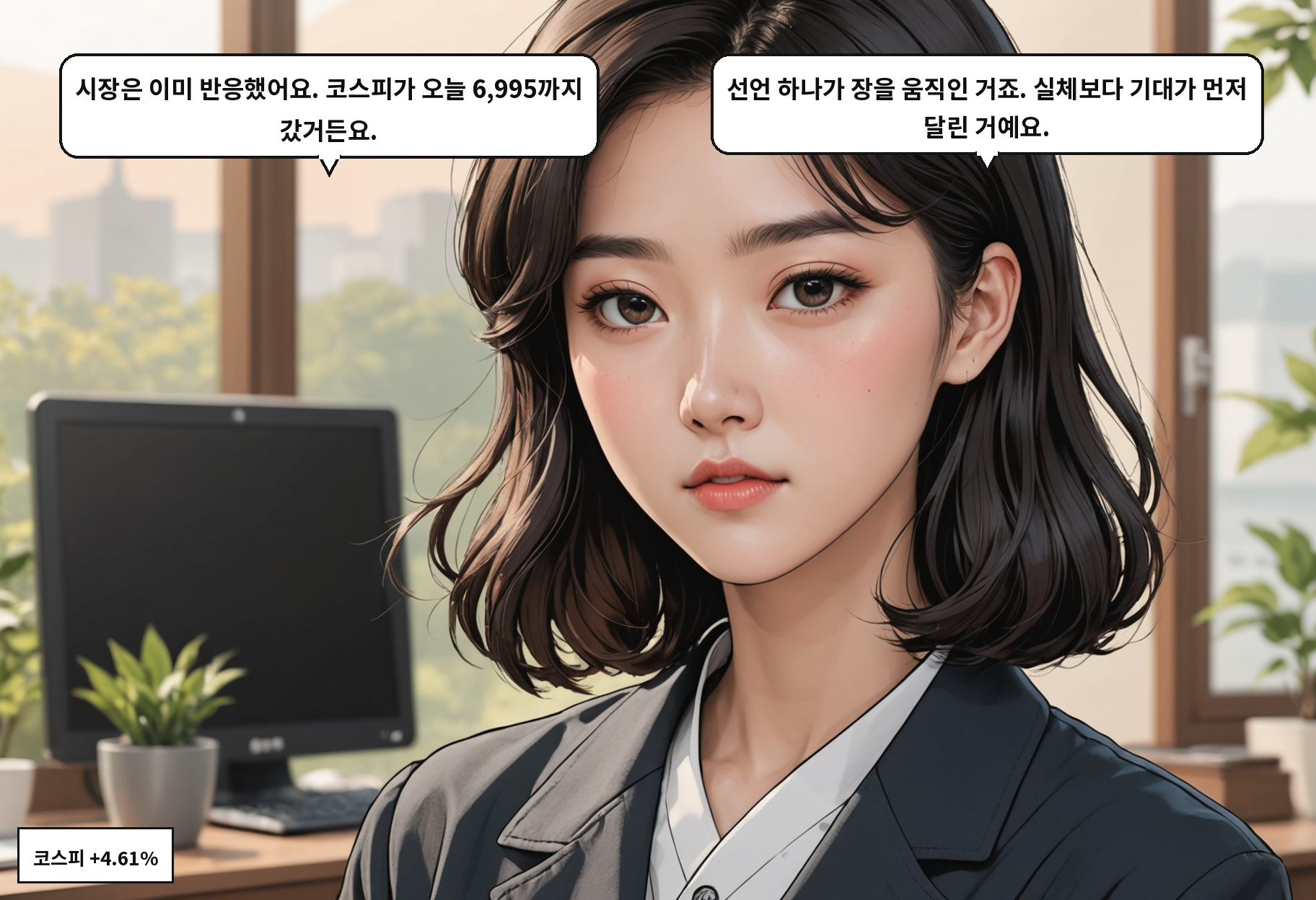 A: 시장은 이미 반응했어요. 코스피가 오늘 6,995까지 갔거든요. B: 선언 하나가 장을 움직인 거죠. 실체보다 기대가 먼저 달린 거예요.