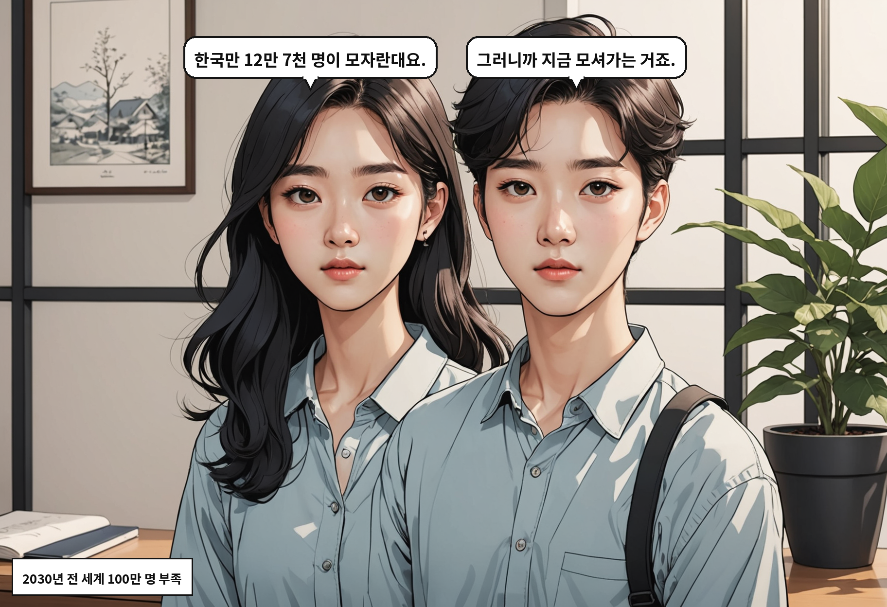 B: 한국만 12만 7천 명이 모자란대요. A: 그러니까 지금 모셔가는 거죠.