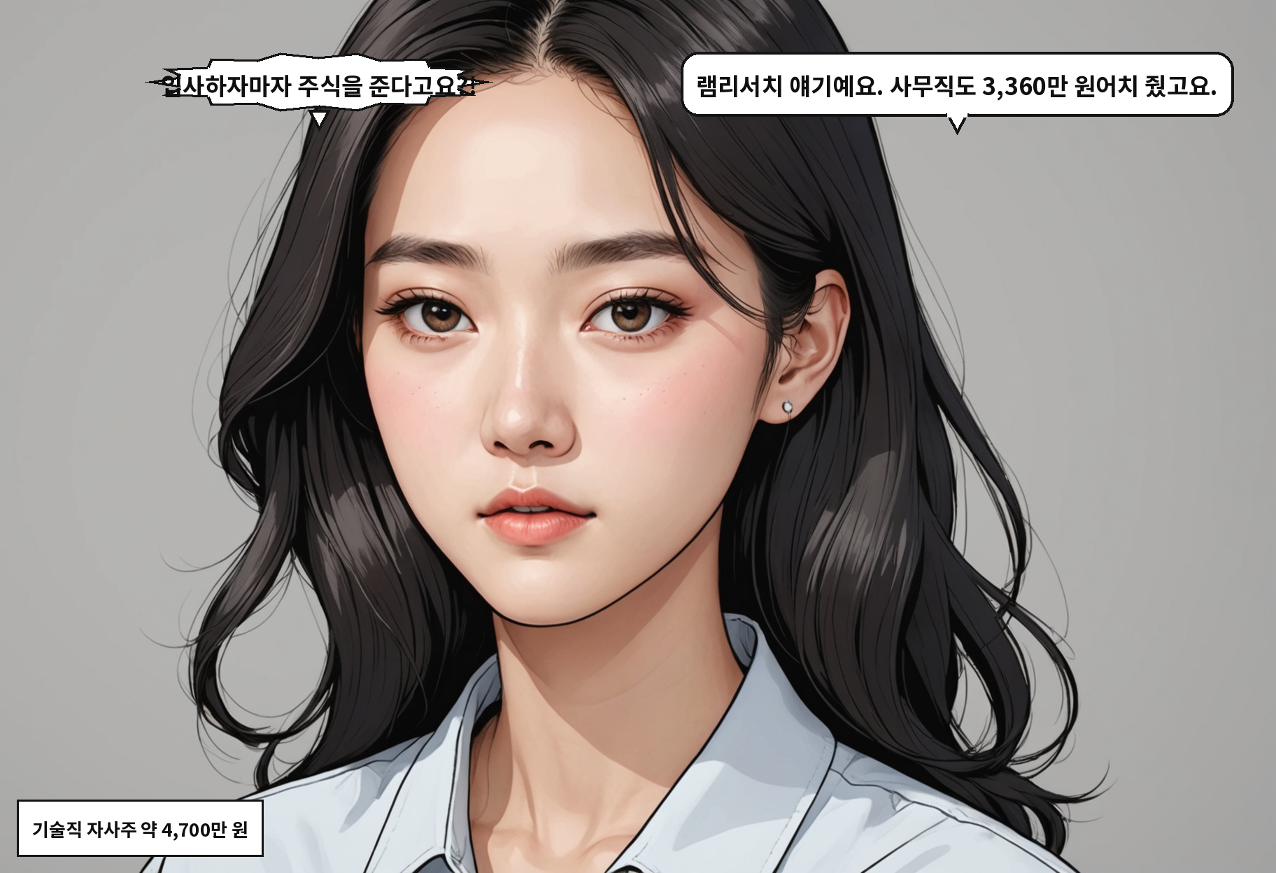 B: 입사하자마자 주식을 준다고요?! A: 램리서치 얘기예요. 사무직도 3,360만 원어치 줬고요.