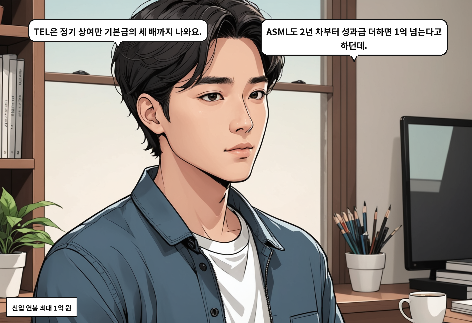 A: TEL은 정기 상여만 기본급의 세 배까지 나와요. B: ASML도 2년 차부터 성과급 더하면 1억 넘는다고 하던데.