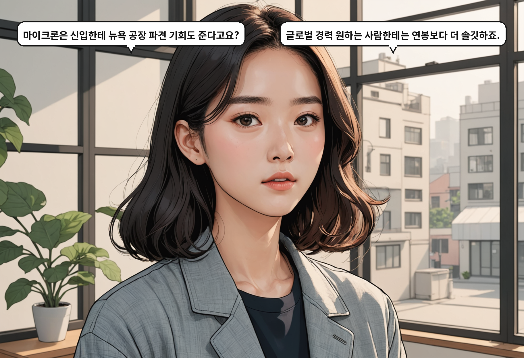 B: 마이크론은 신입한테 뉴욕 공장 파견 기회도 준다고요? A: 글로벌 경력 원하는 사람한테는 연봉보다 더 솔깃하죠.