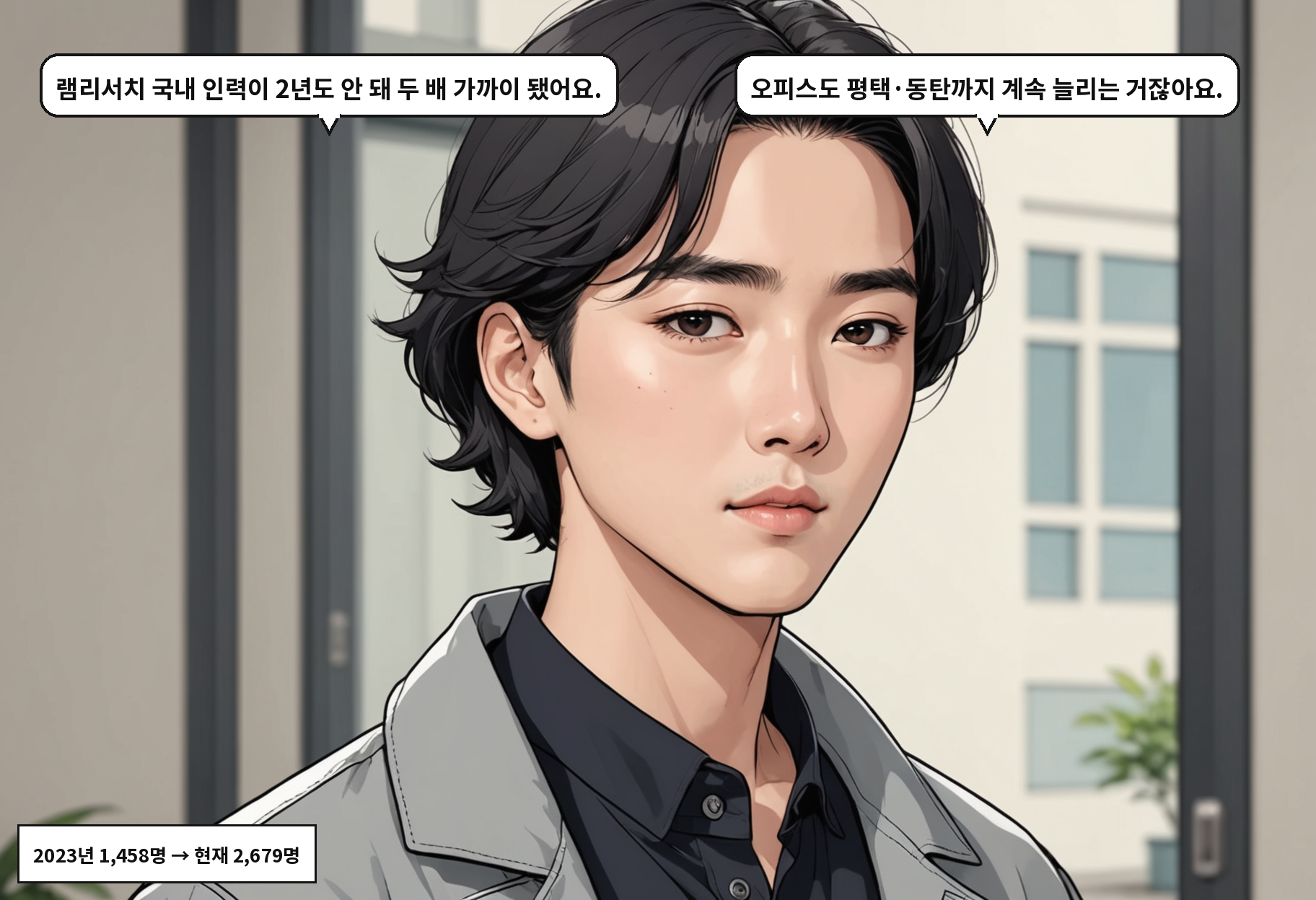 A: 램리서치 국내 인력이 2년도 안 돼 두 배 가까이 됐어요. B: 오피스도 평택·동탄까지 계속 늘리는 거잖아요.