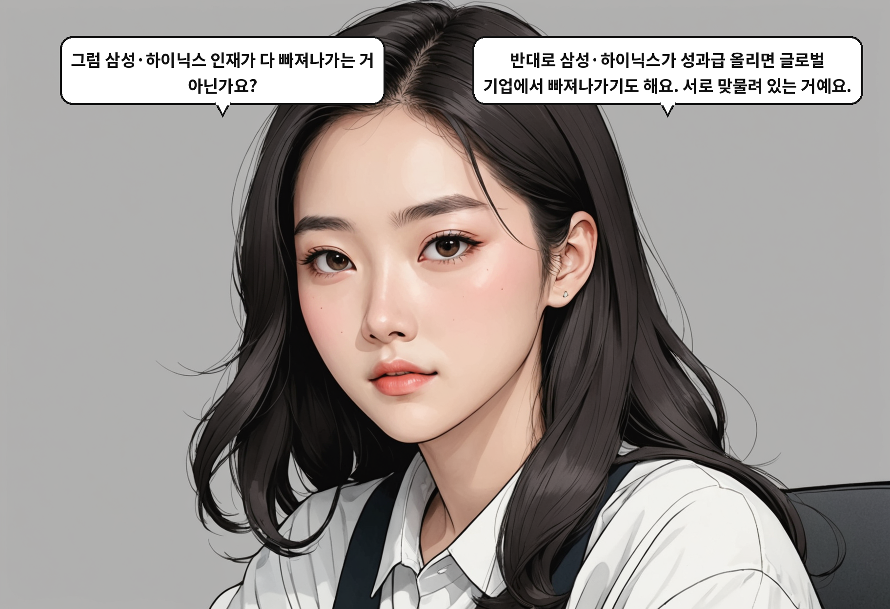 B: 그럼 삼성·하이닉스 인재가 다 빠져나가는 거 아닌가요? A: 반대로 삼성·하이닉스가 성과급 올리면 글로벌 기업에서 빠져나가기도 해요. 서로 맞물려 있는 거예요.