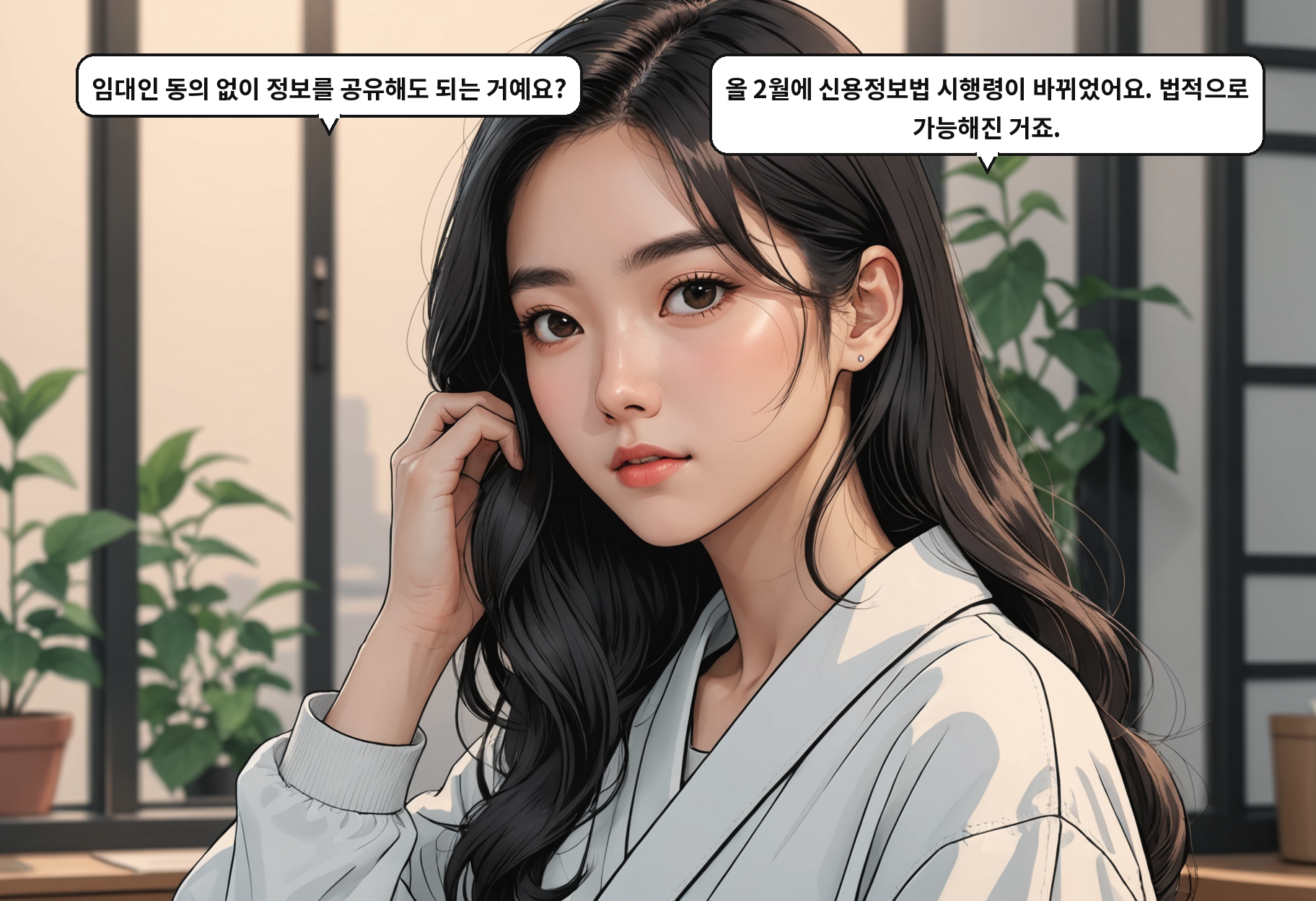 A: 임대인 동의 없이 정보를 공유해도 되는 거예요? B: 올 2월에 신용정보법 시행령이 바뀌었어요. 법적으로 가능해진 거죠.