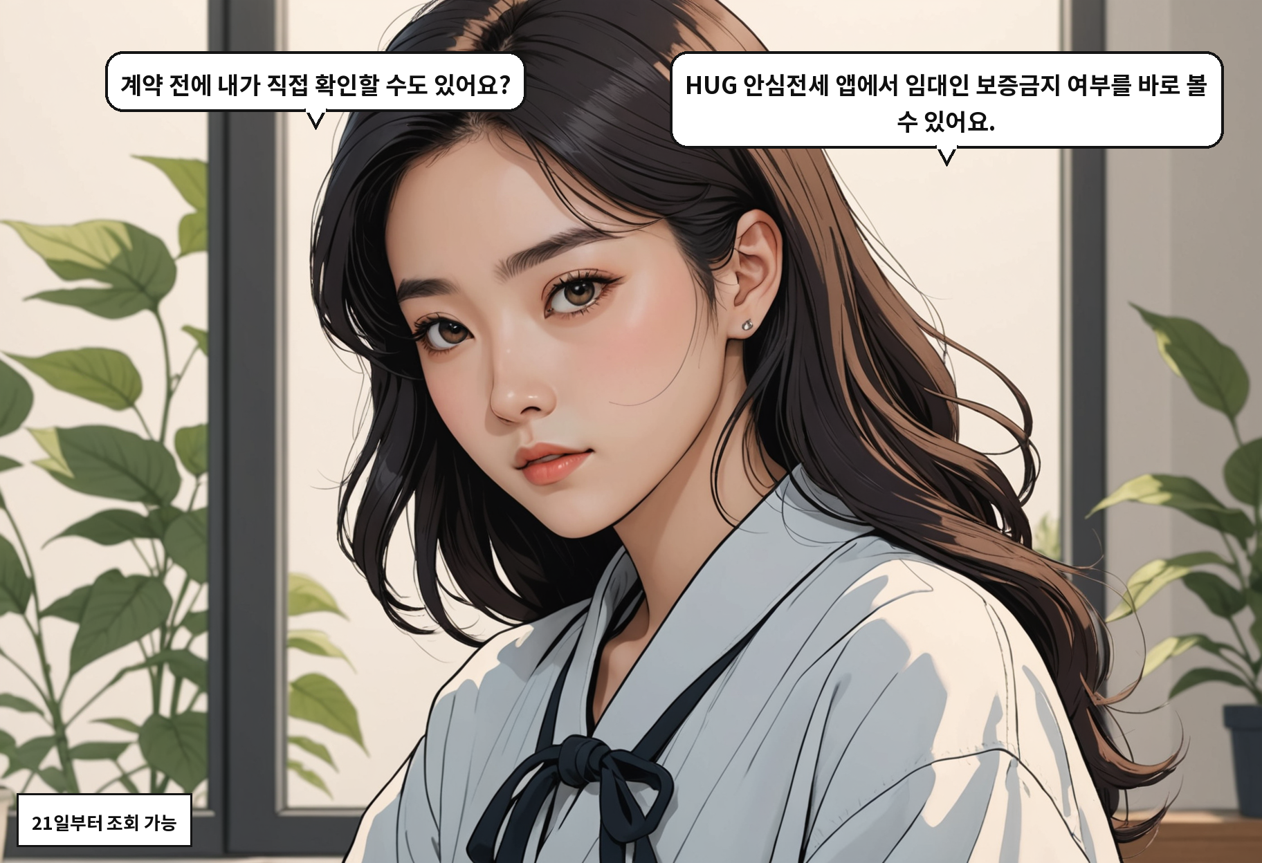 A: 계약 전에 내가 직접 확인할 수도 있어요? B: HUG 안심전세 앱에서 임대인 보증금지 여부를 바로 볼 수 있어요.