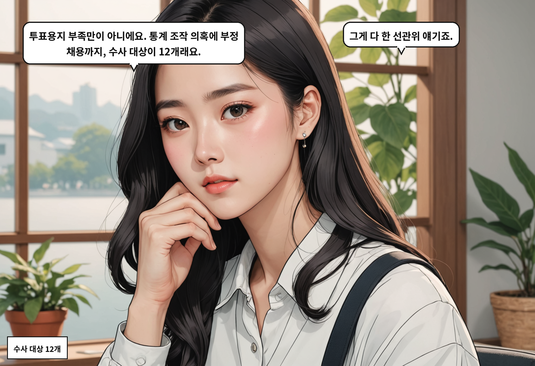 A: 투표용지 부족만이 아니에요. 통계 조작 의혹에 부정 채용까지, 수사 대상이 12개래요. B: 그게 다 한 선관위 얘기죠.