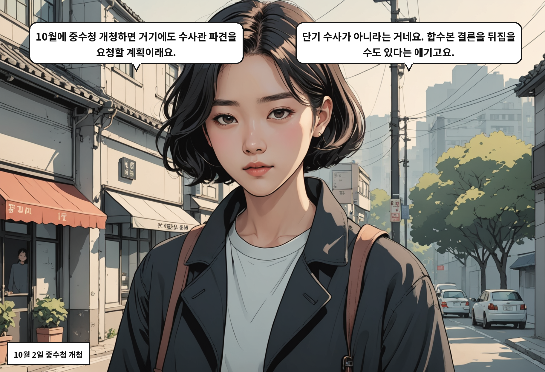 B: 10월에 중수청 개청하면 거기에도 수사관 파견을 요청할 계획이래요. A: 단기 수사가 아니라는 거네요. 합수본 결론을 뒤집을 수도 있다는 얘기고요.