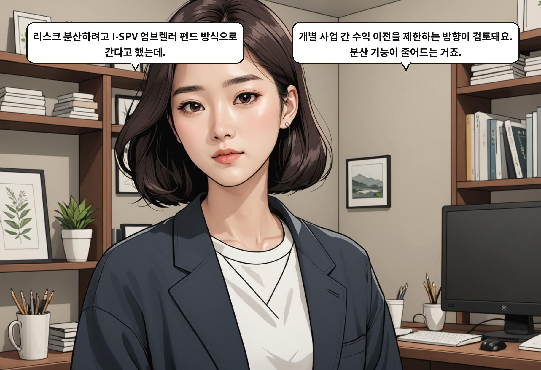 B: 리스크 분산한다고 엄브렐러 펀드 구조를 쓴다고 했는데. A: 개별 사업 간 수익 이전을 막는 방향이라면 분산 효과가 반감돼요.