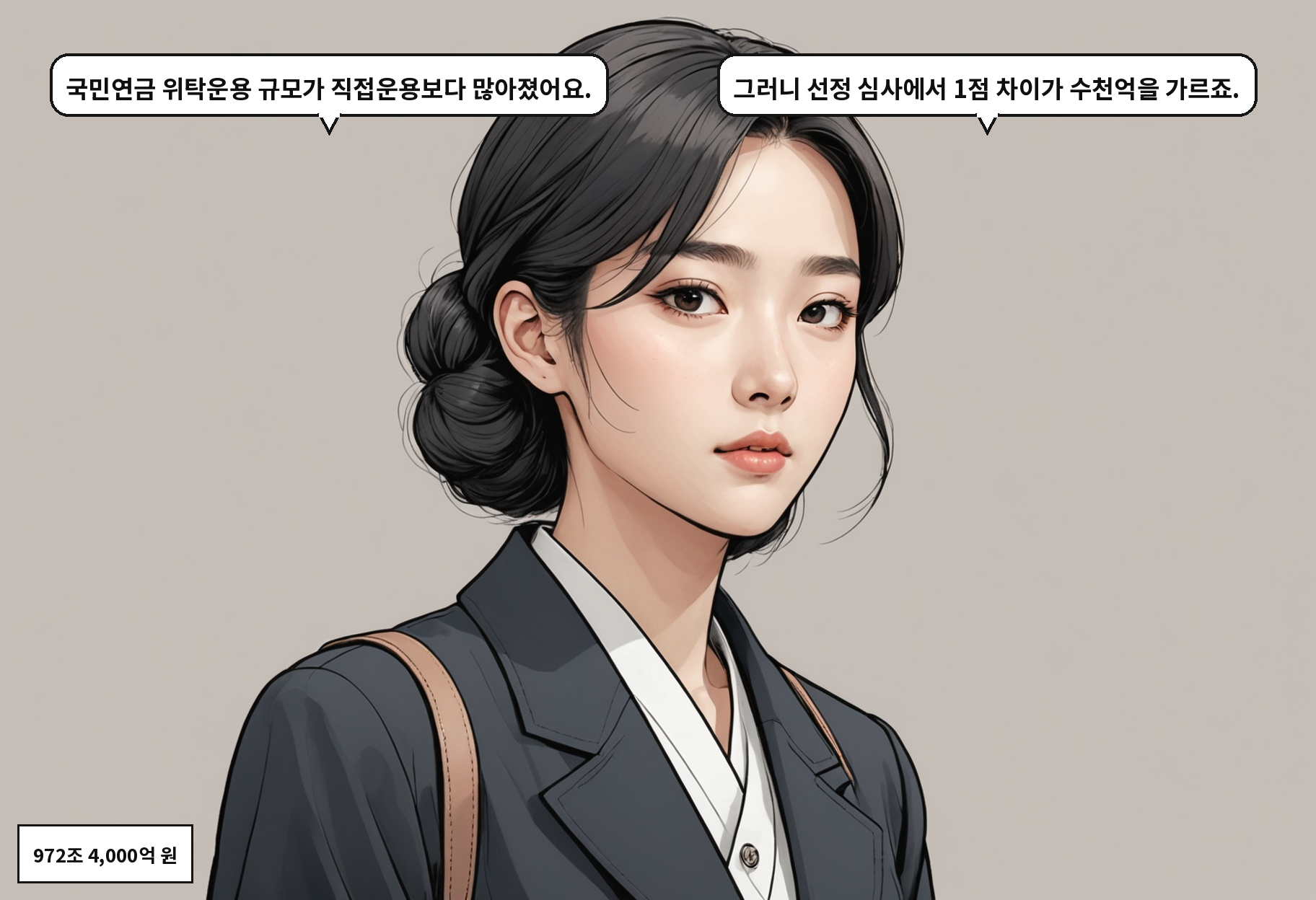 B: 국민연금 위탁운용 규모가 직접운용보다 많아졌어요. A: 그러니 선정 심사에서 1점 차이가 수천억을 가르죠.