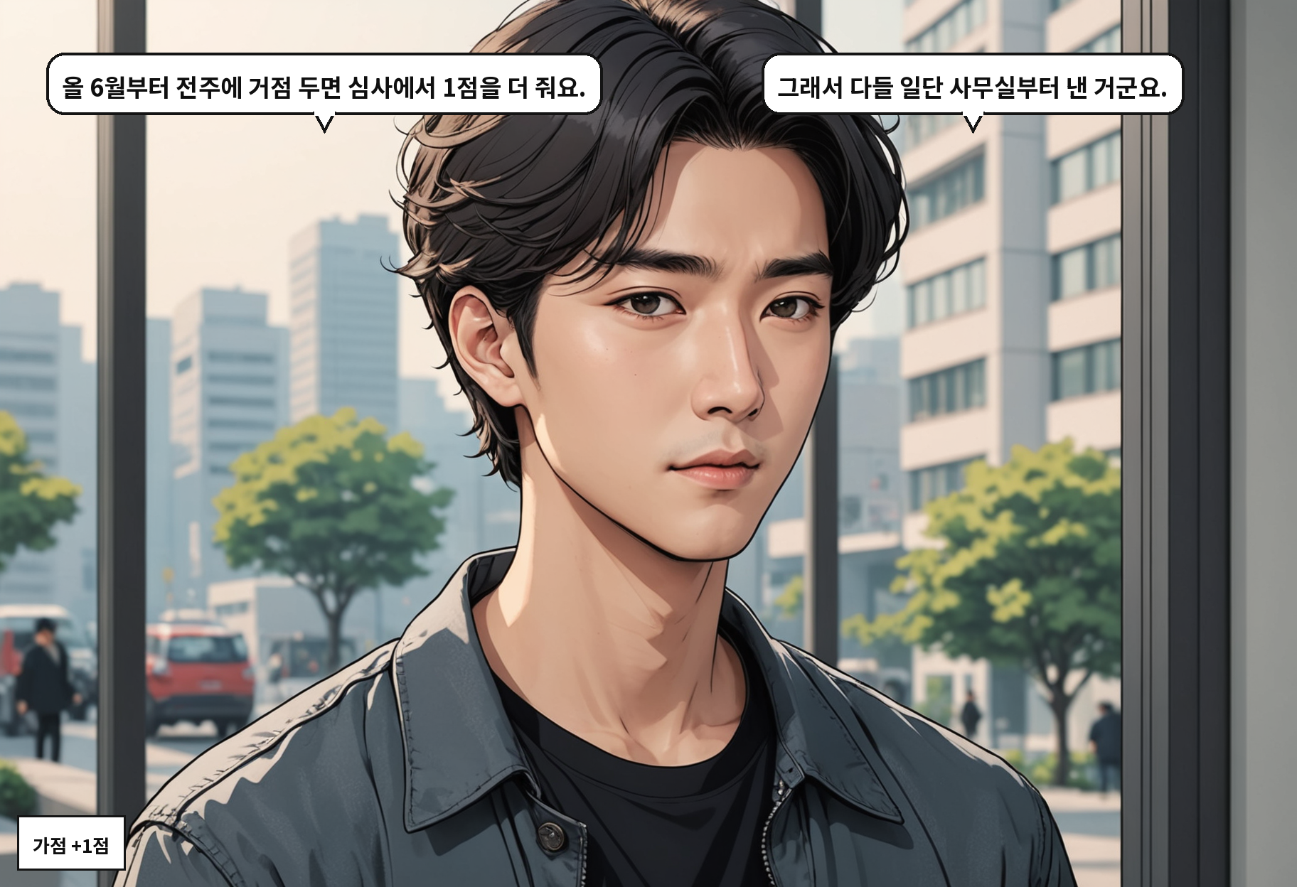 A: 올 6월부터 전주에 거점 두면 심사에서 1점을 더 줘요. B: 그래서 다들 일단 사무실부터 낸 거군요.