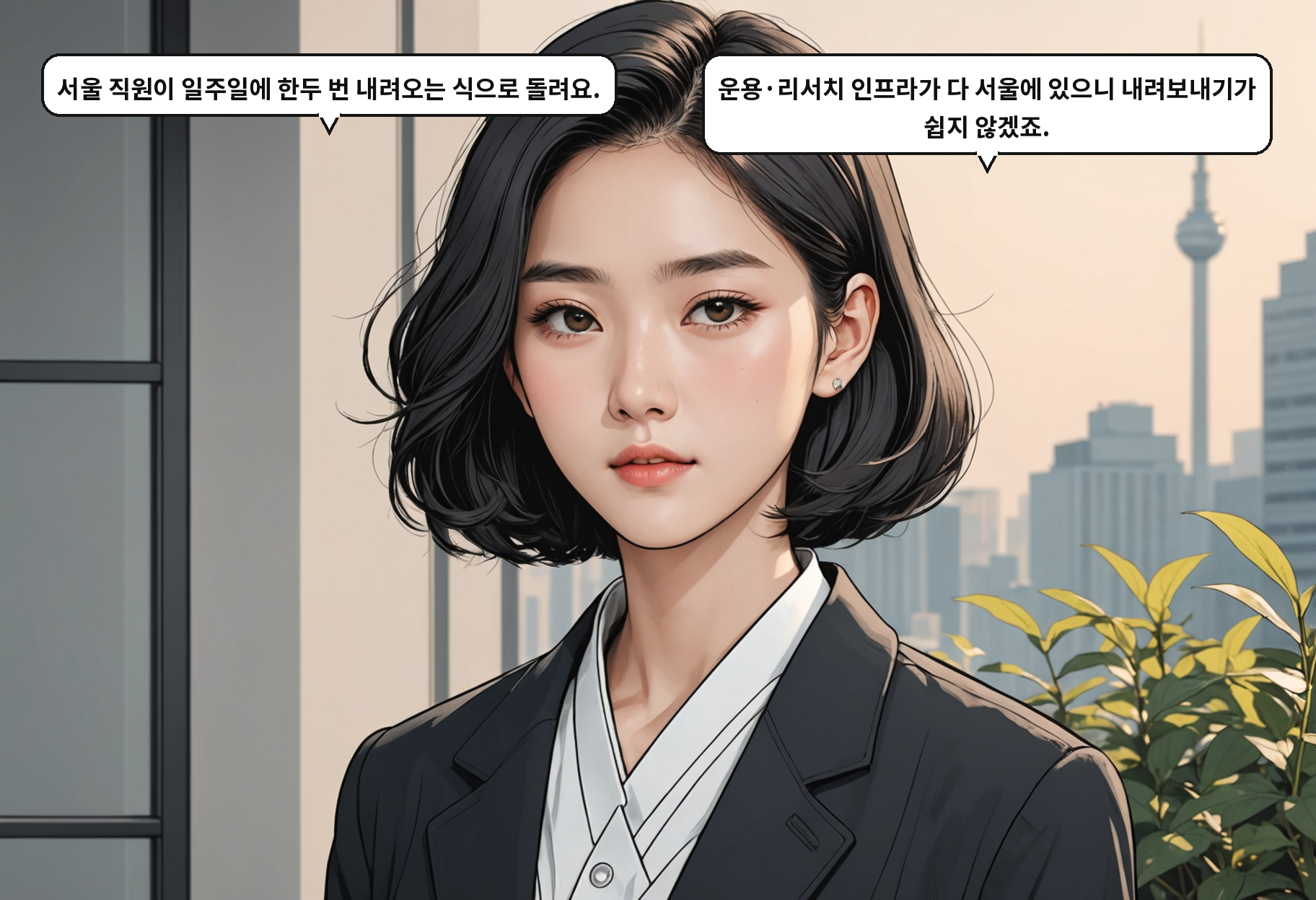 A: 서울 직원이 일주일에 한두 번 내려오는 식으로 돌려요. B: 운용·리서치 인프라가 다 서울에 있으니 내려보내기가 쉽지 않겠죠.
