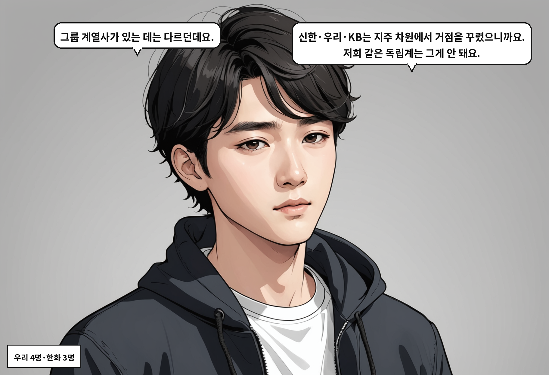 B: 그룹 계열사가 있는 데는 다르던데요. A: 신한·우리·KB는 지주 차원에서 거점을 꾸렸으니까요. 저희 같은 독립계는 그게 안 돼요.