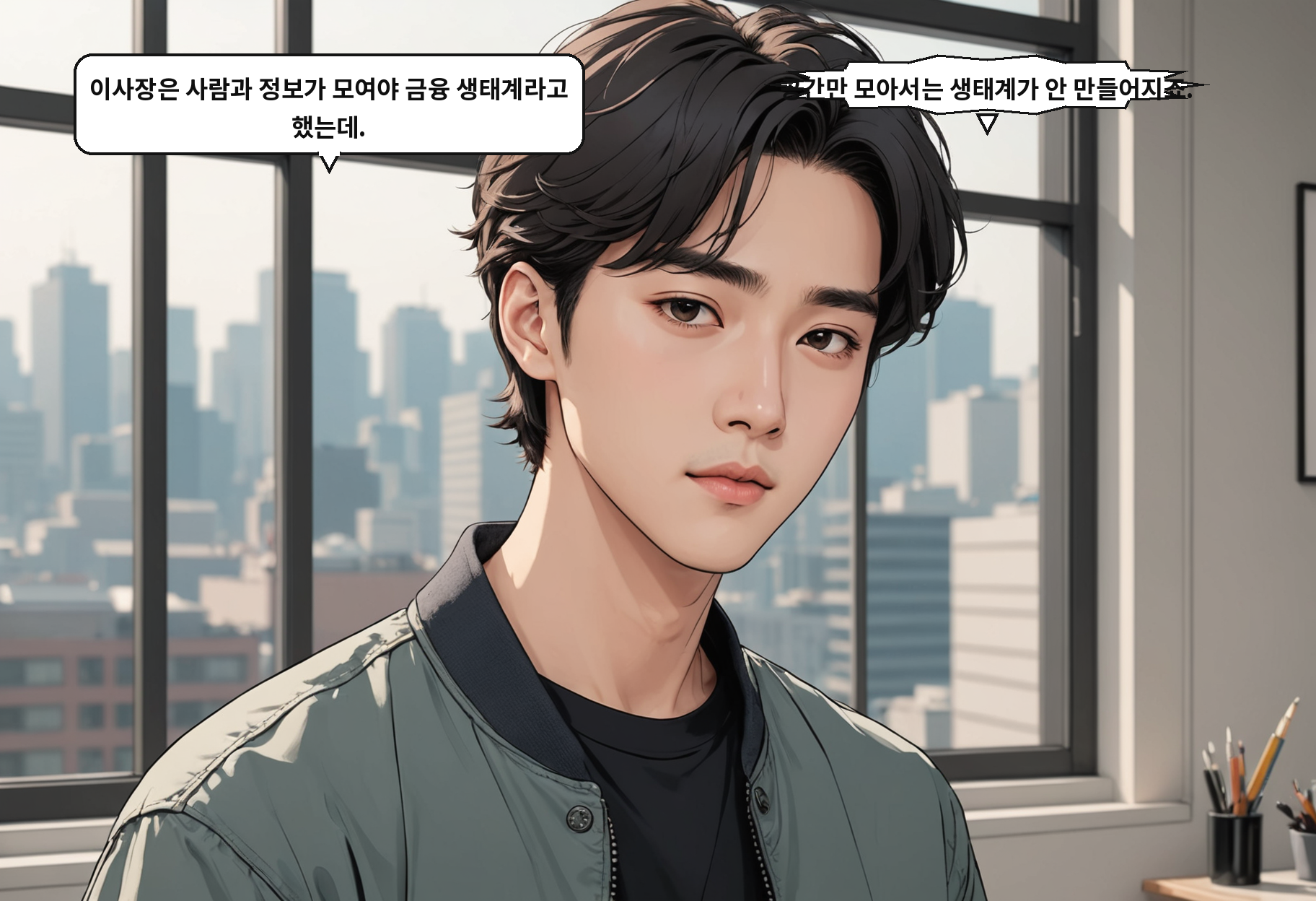 B: 이사장은 사람과 정보가 모여야 금융 생태계라고 했는데. A: 공간만 모아서는 생태계가 안 만들어지죠.