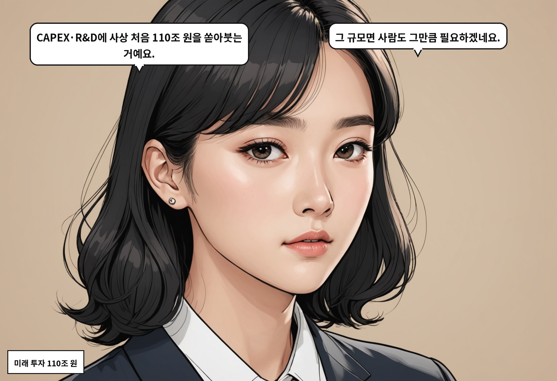 B: CAPEX·R&D에 사상 처음 110조 원을 쏟아붓는 거예요. A: 그 규모면 사람도 그만큼 필요하겠네요.
