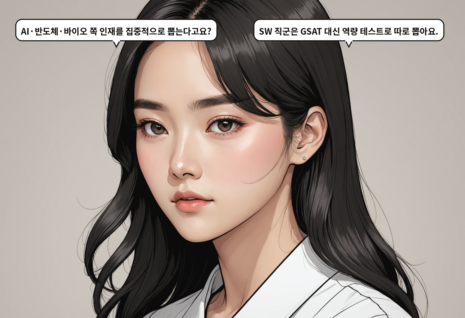 A: AI·반도체·바이오 쪽 인재를 집중적으로 뽑는다고요? B: SW 직군은 GSAT 대신 역량 테스트로 따로 뽑아요.