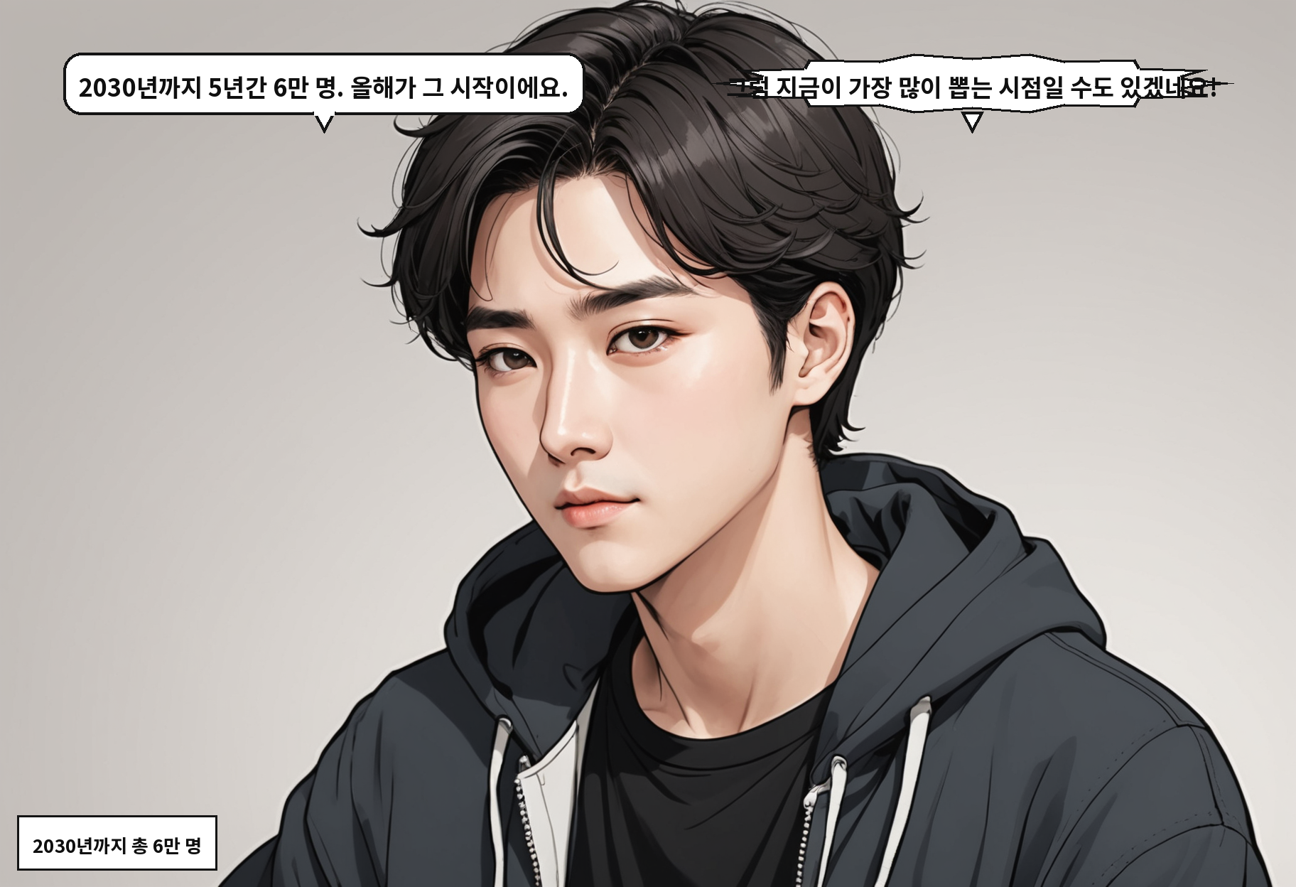 B: 2030년까지 5년간 6만 명. 올해가 그 시작이에요. A: 그럼 지금이 가장 많이 뽑는 시점일 수도 있겠네요!