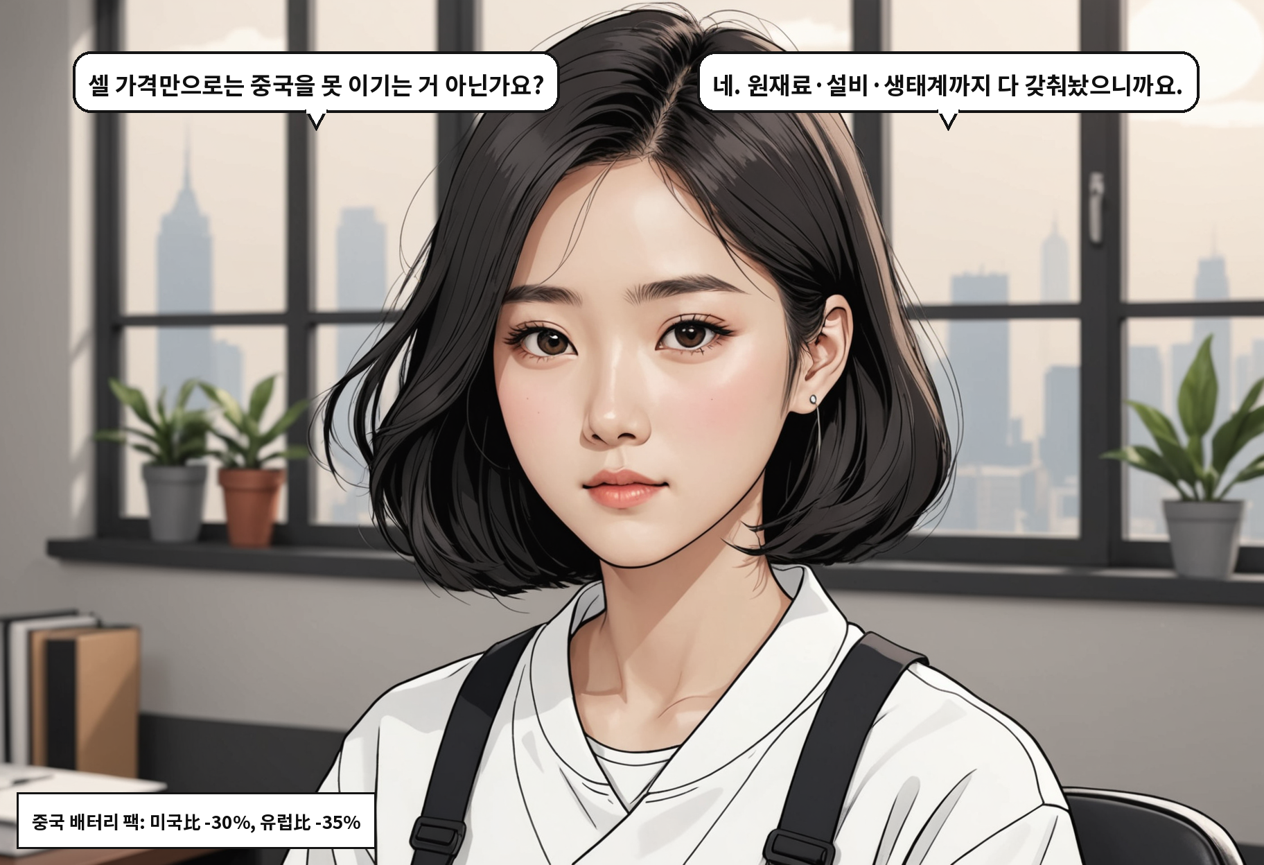 B: 셀 가격만으로는 중국을 못 이기는 거 아닌가요? A: 네. 원재료·설비·생태계까지 다 갖춰놨으니까요.