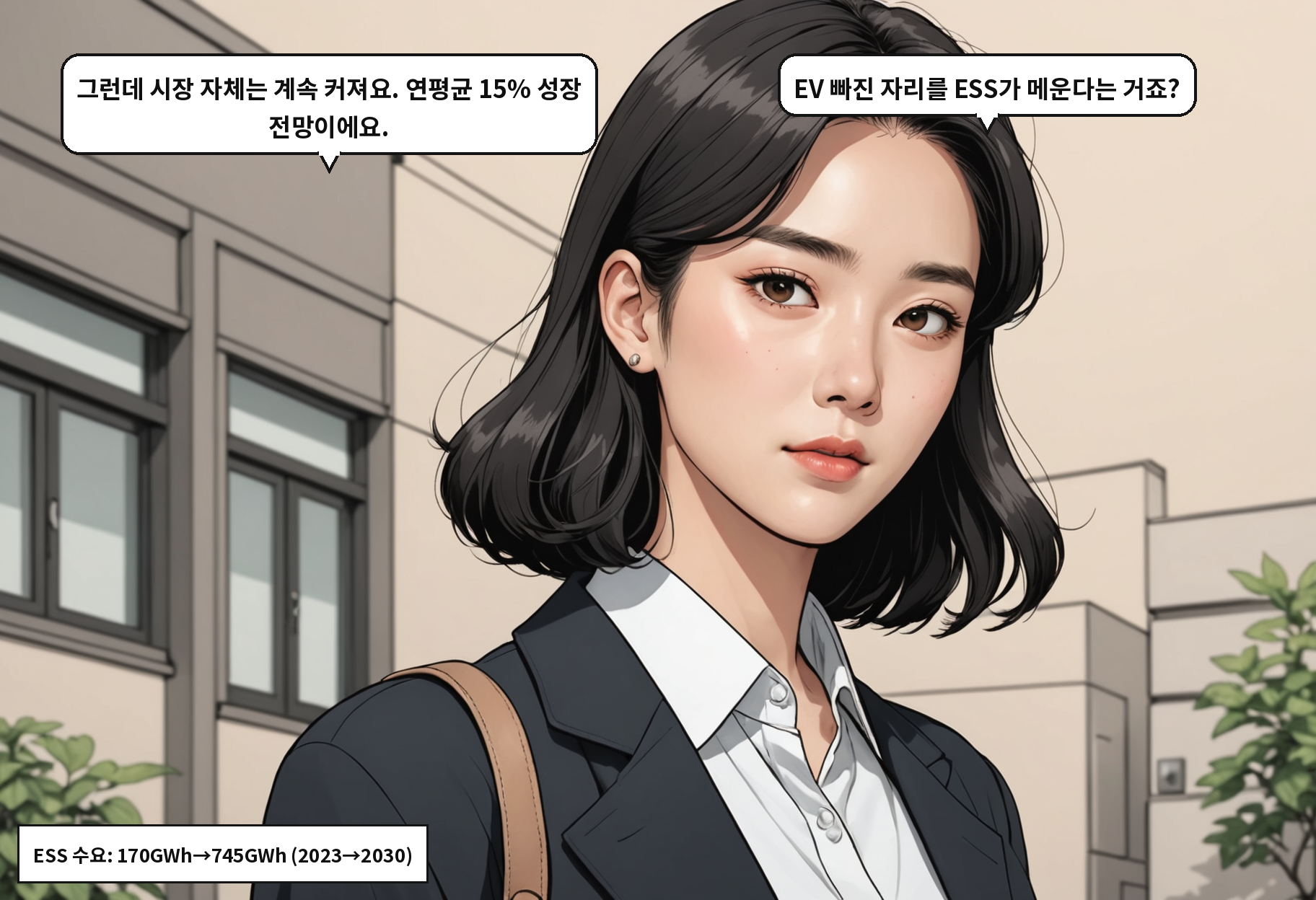 A: 그런데 시장 자체는 계속 커져요. 연평균 15% 성장 전망이에요. B: EV 빠진 자리를 ESS가 메운다는 거죠?