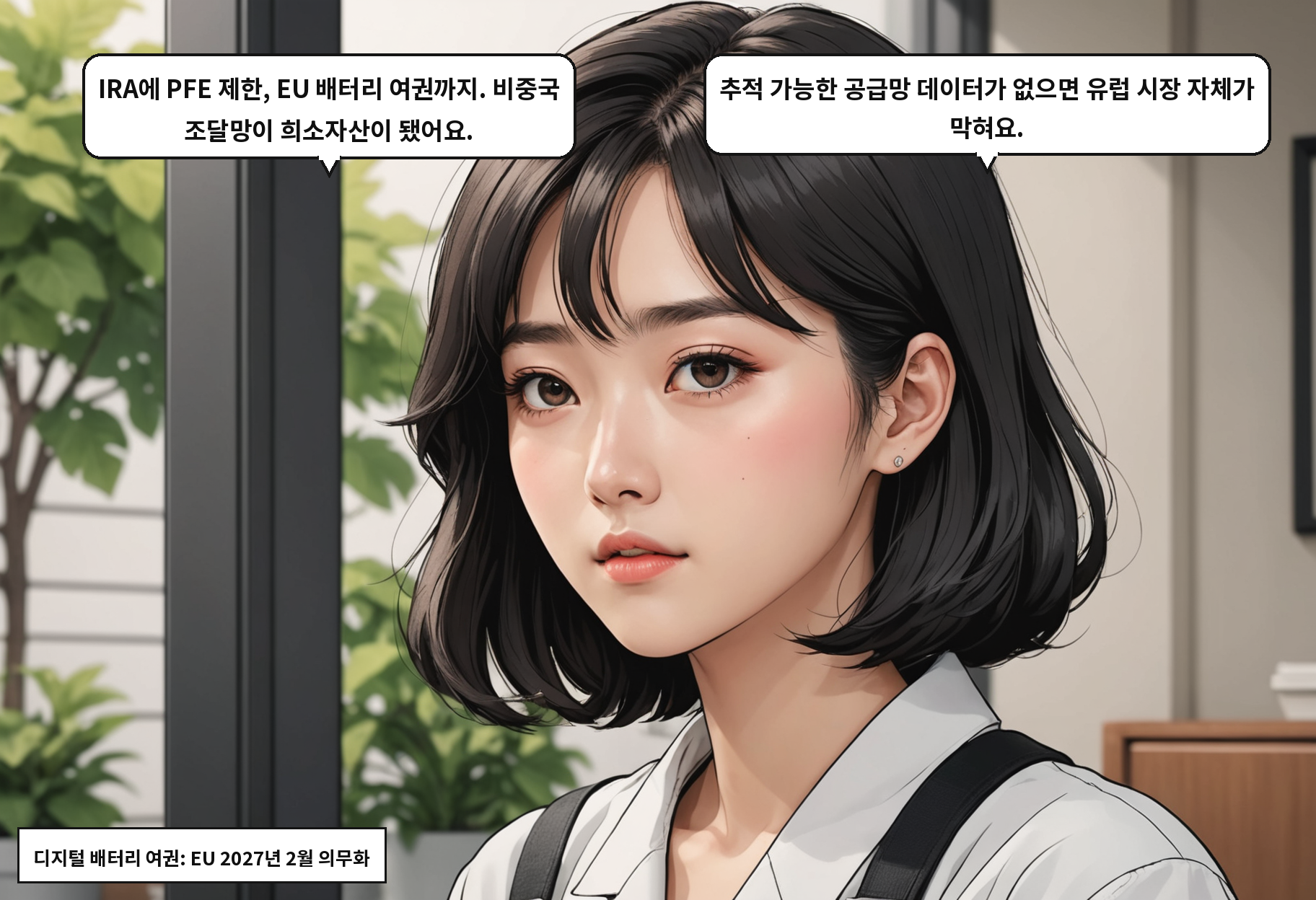 B: IRA에 PFE 제한, EU 배터리 여권까지. 비중국 조달망이 희소자산이 됐어요. A: 추적 가능한 공급망 데이터가 없으면 유럽 시장 자체가 막혀요.
